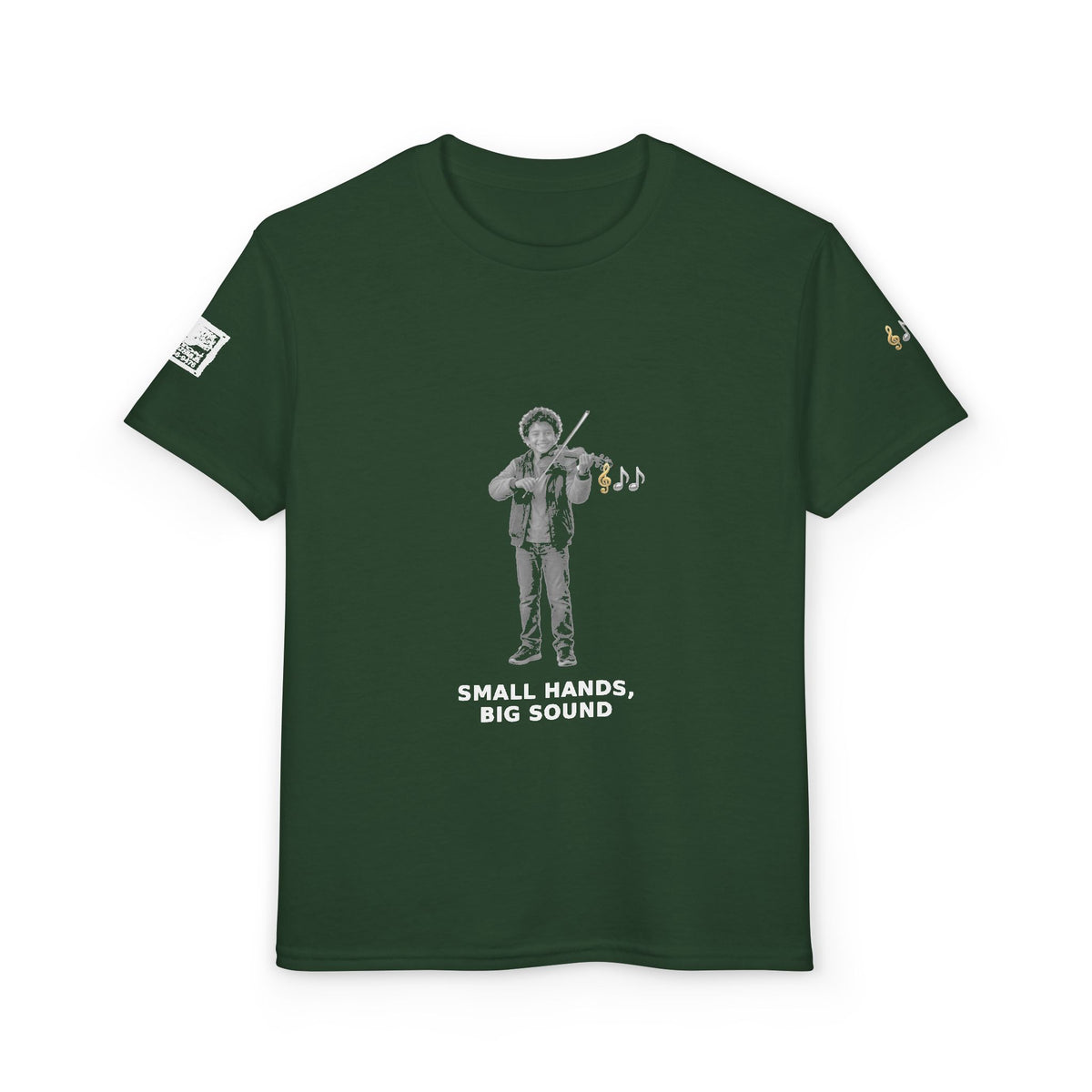 Small Hands, Big Sound — Latino Boy Violin Pre-Teen Musician Tee (White Ink)