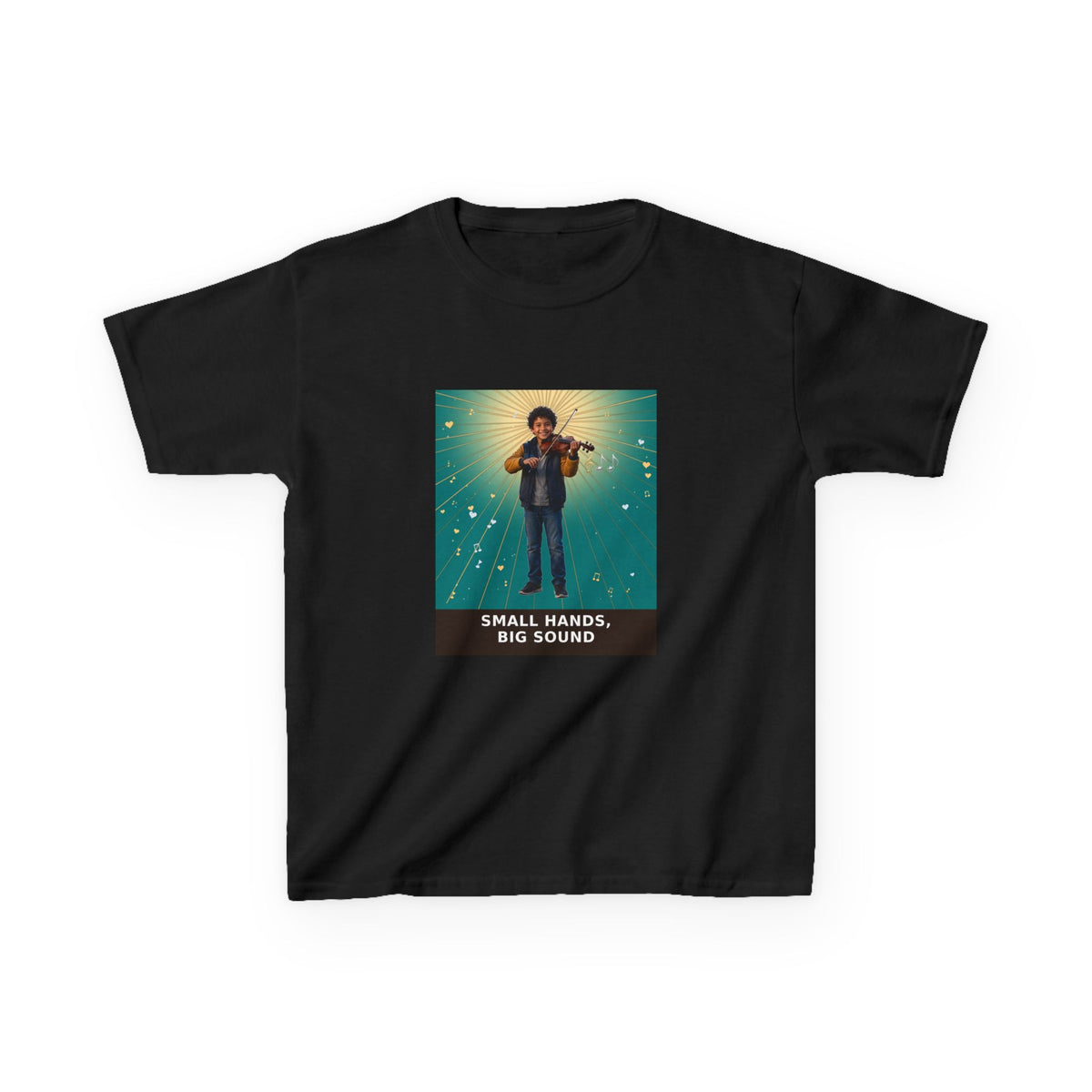 Small Hands, Big Sound — Latino Boy Violin Pre-Teen Musician Tee (Teal) (Budget Edition) (Front Print)