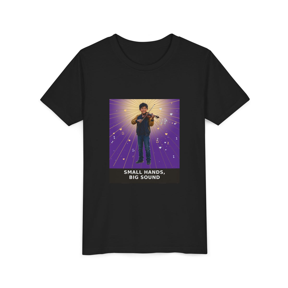 Small Hands, Big Sound — Asian Boy Violin Pre-Teen Musician Tee (Royal Purple) (Front Print)