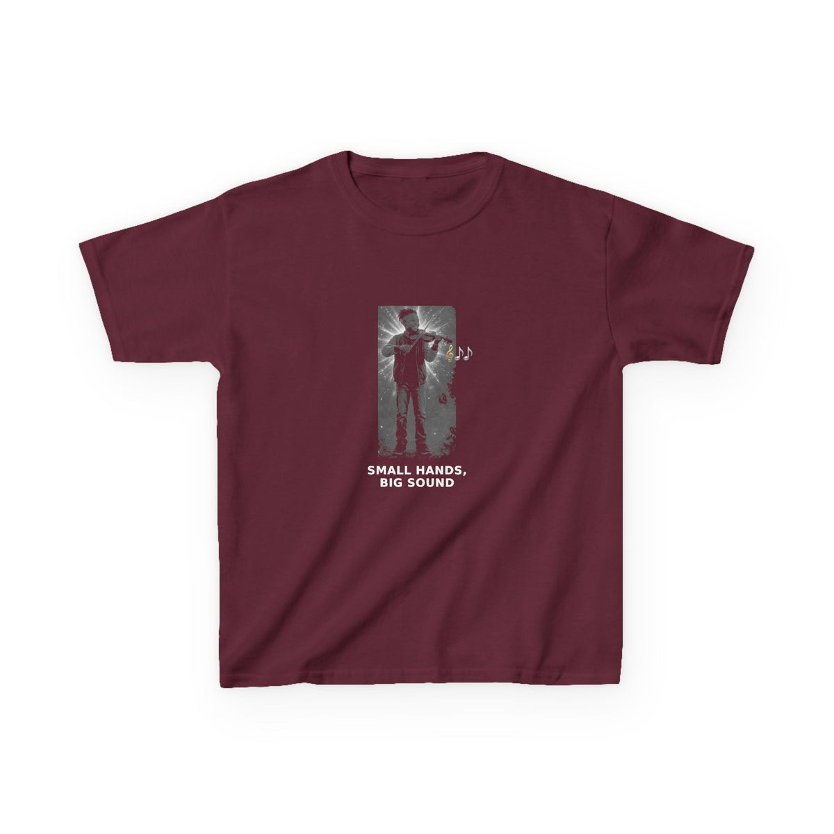 Small Hands, Big Sound — Black Boy Violin Pre-Teen Musician Tee (White Ink) (Budget Edition) (Front Print)