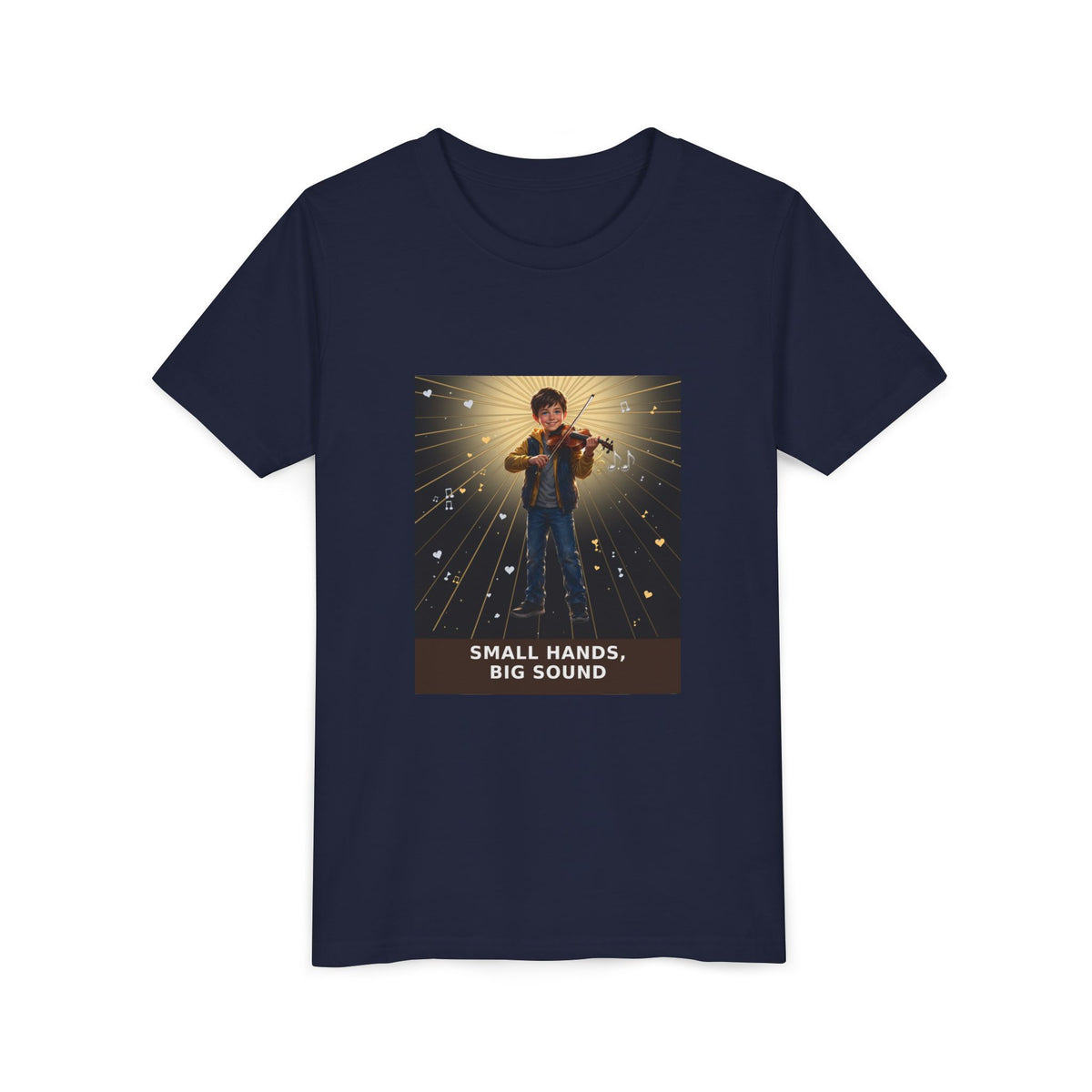 Small Hands, Big Sound — Boy Violin Pre-Teen Musician Tee (Front Print)