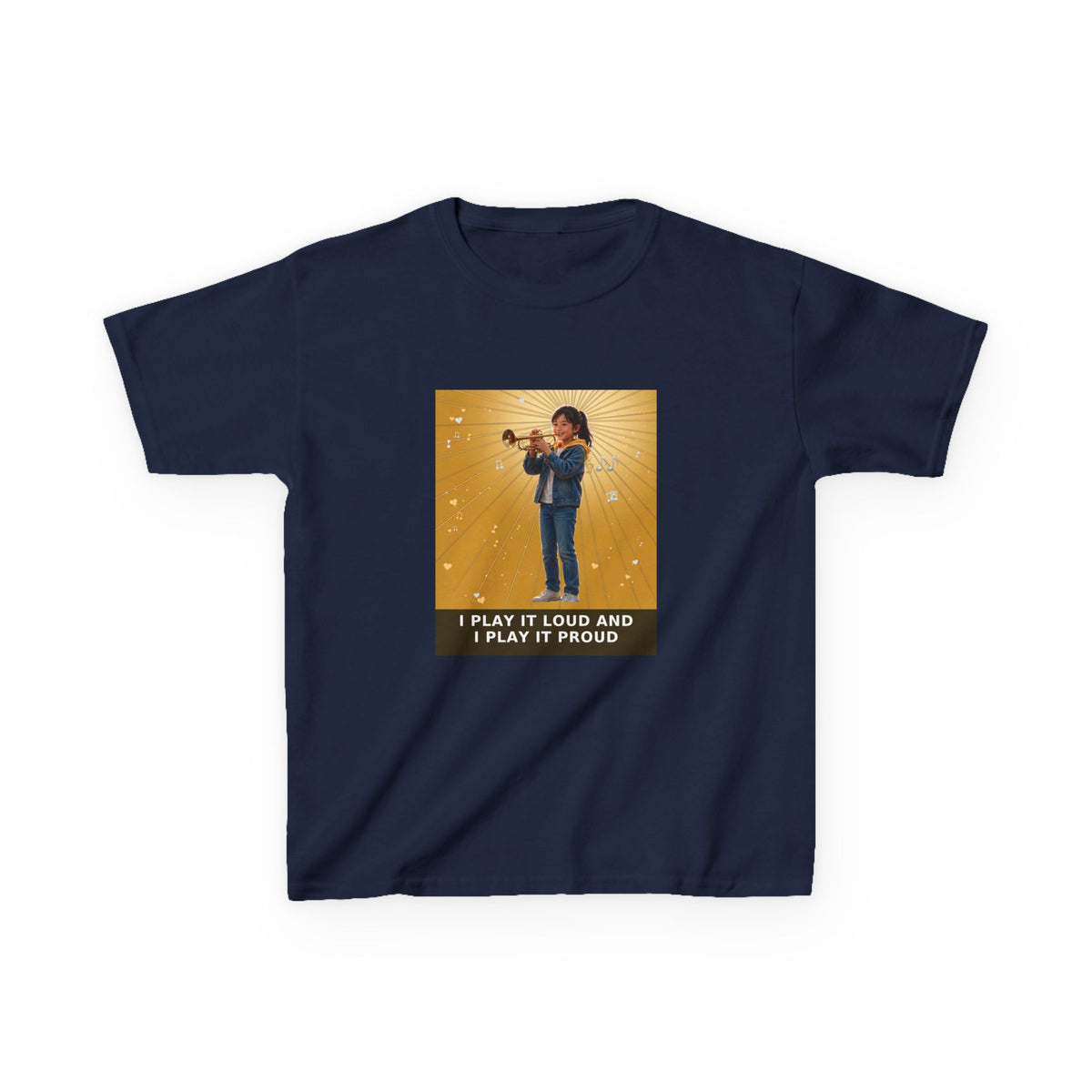 I Play It Loud and I Play It Proud — Asian Girl Trumpet Pre-Teen Musician Tee (Golden Amber) (Budget Edition) (Front Print)