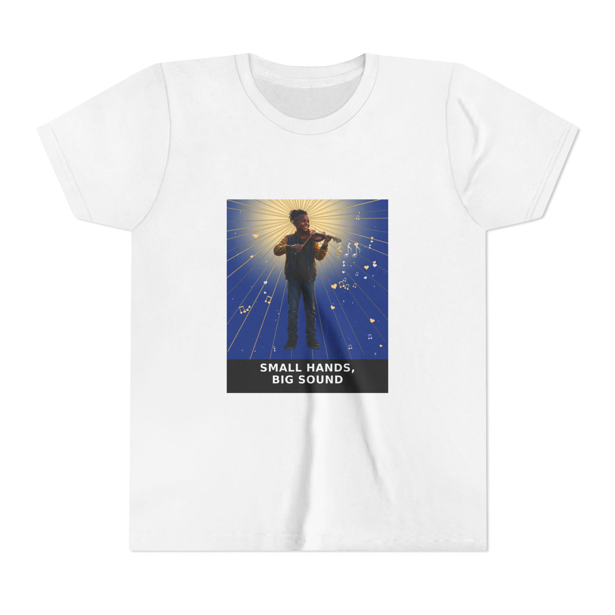 Small Hands, Big Sound — Black Boy Violin Pre-Teen Musician Tee (Deep Blue) (Front Print)