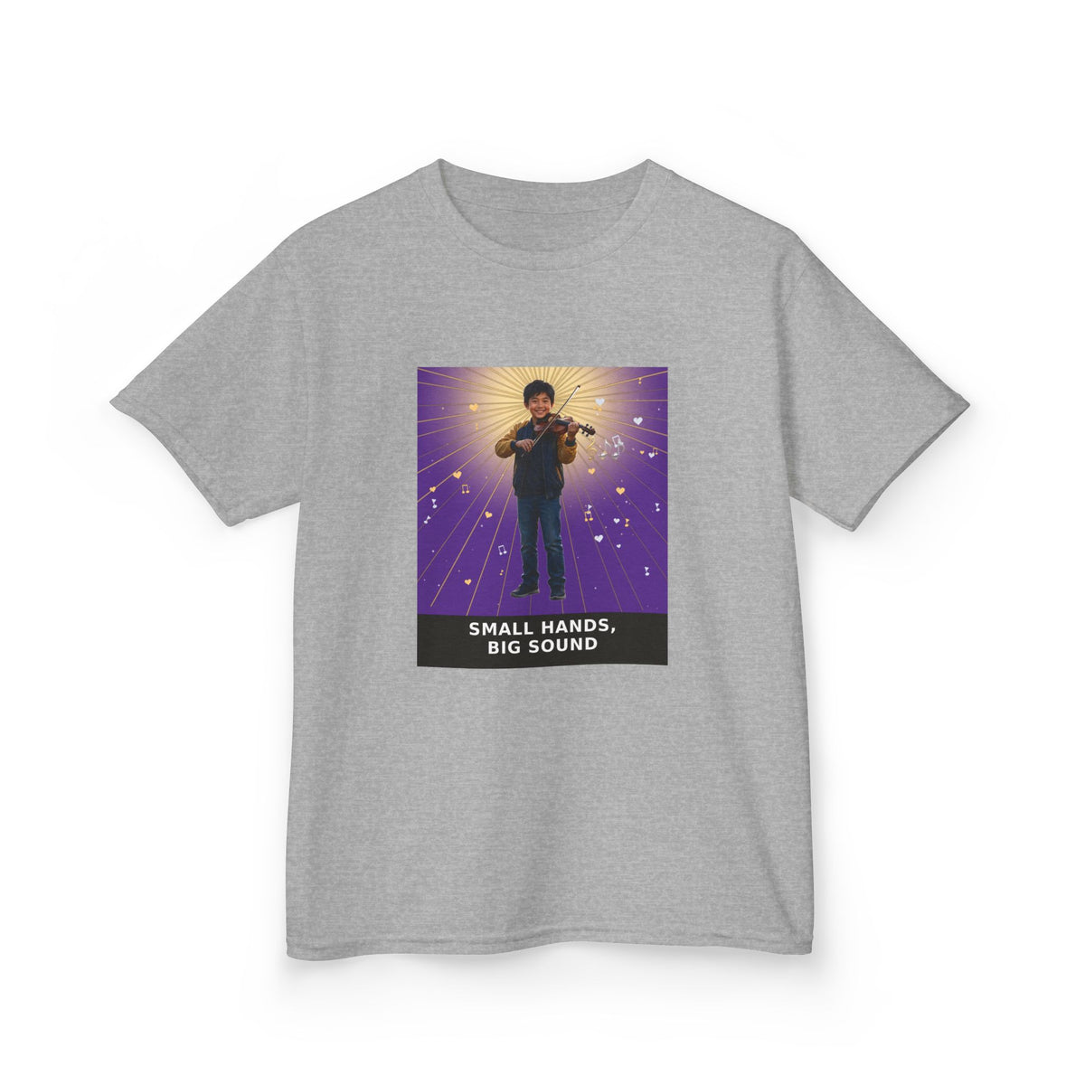Small Hands, Big Sound — Asian Boy Violin Pre-Teen Musician Tee (Royal Purple) (Budget Edition) (Front Print)