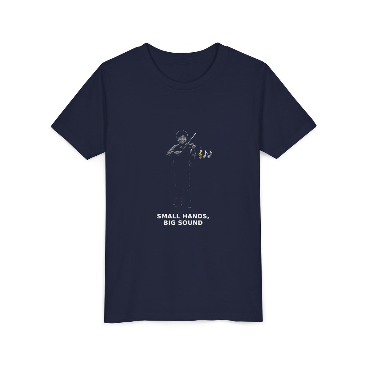 Small Hands, Big Sound — Asian Boy Violin Pre-Teen Musician Tee (White Ink) (Front Print)