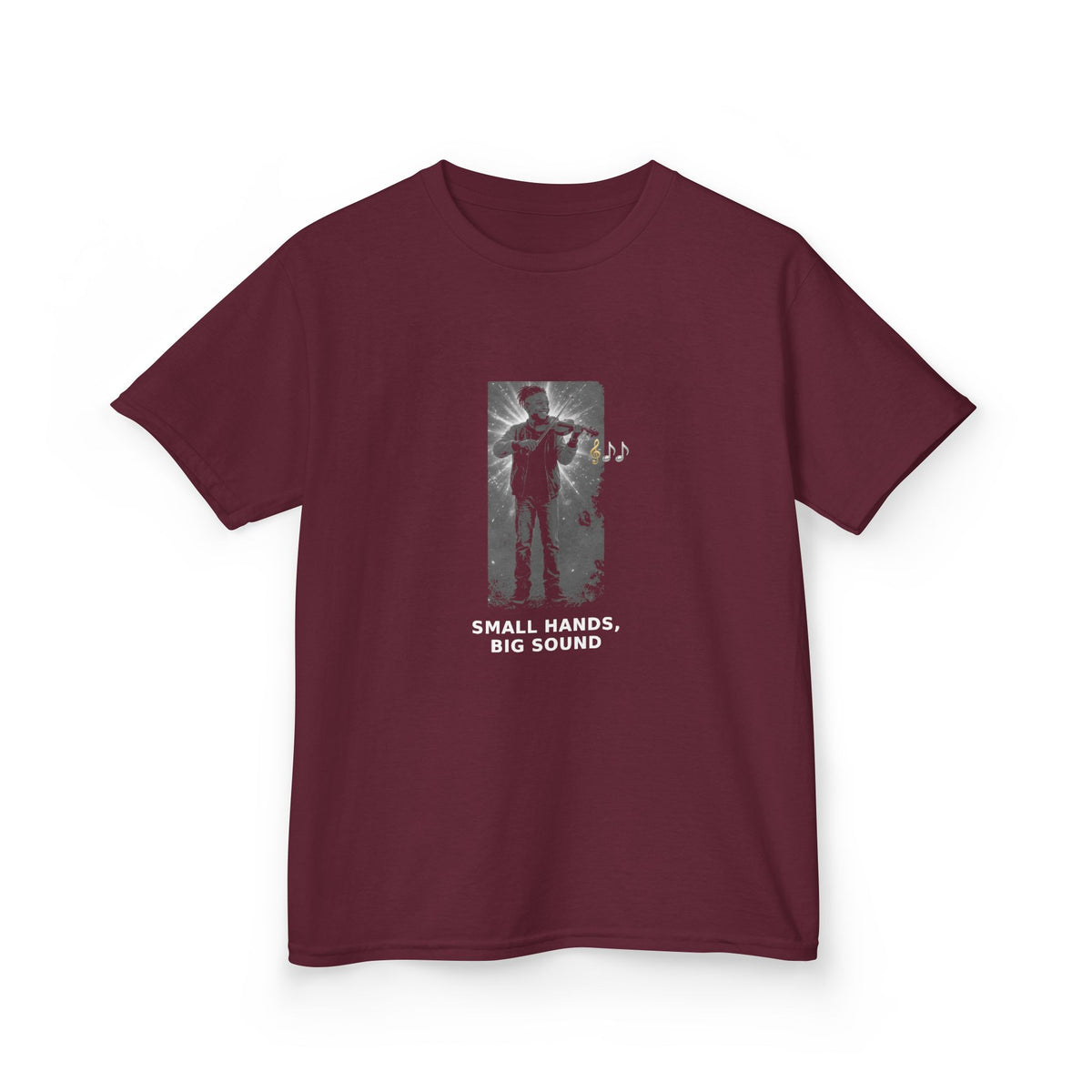 Small Hands, Big Sound — Black Boy Violin Pre-Teen Musician Tee (White Ink) (Budget Edition) (Front Print)