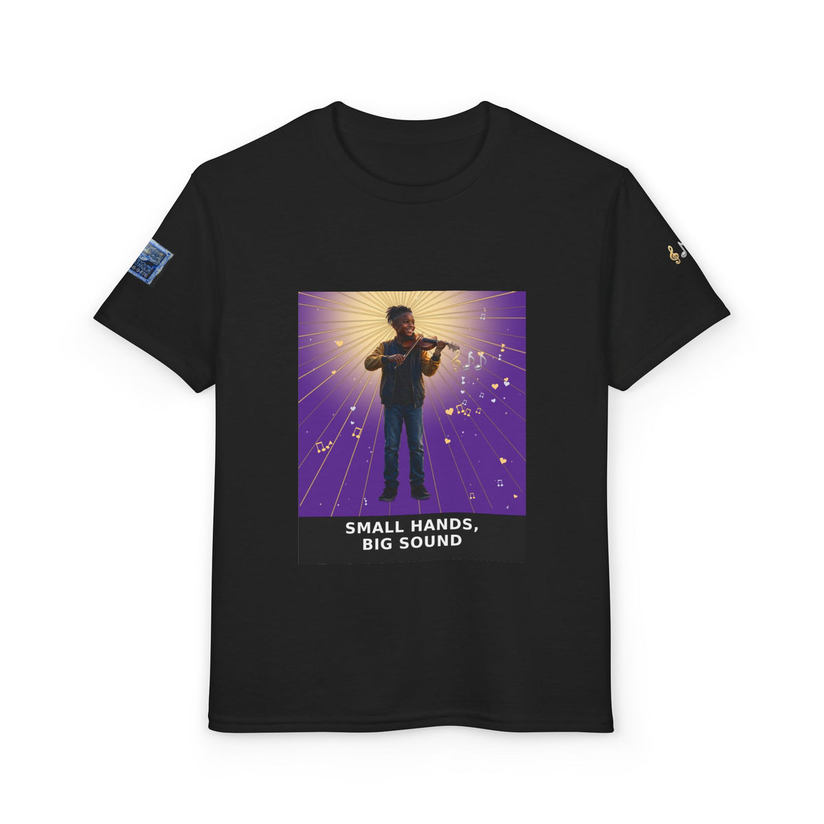 Small Hands, Big Sound — Black Boy Violin Pre-Teen Musician Tee (Royal Purple)