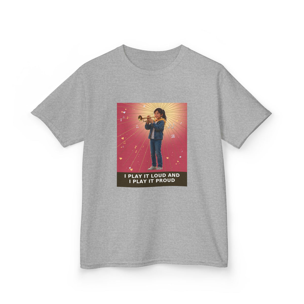 I Play It Loud and I Play It Proud — Asian Girl Trumpet Pre-Teen Musician Tee (Rose) (Budget Edition) (Front Print)