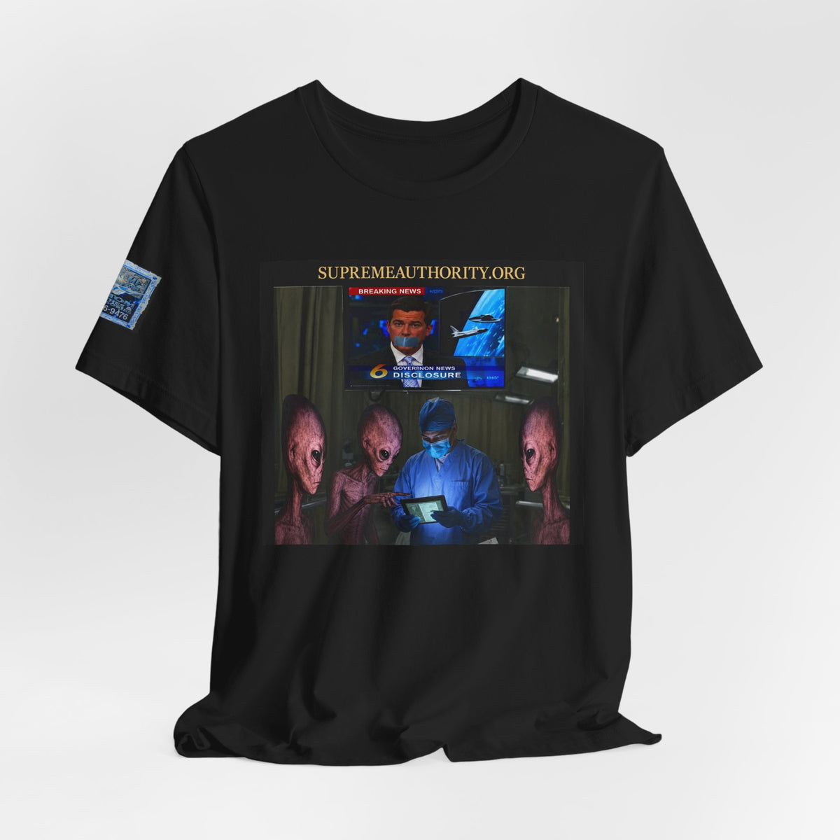 Alien Disclosure T-Shirt - UFO News Cover-Up, Funny Alien Surgery Art, Badge Sleeve