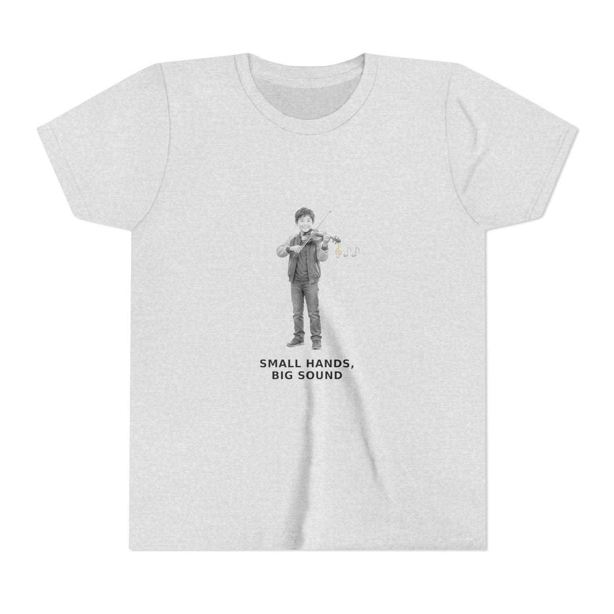 Small Hands, Big Sound — Asian Boy Violin Pre-Teen Musician Tee (Black Ink) (Front Print)