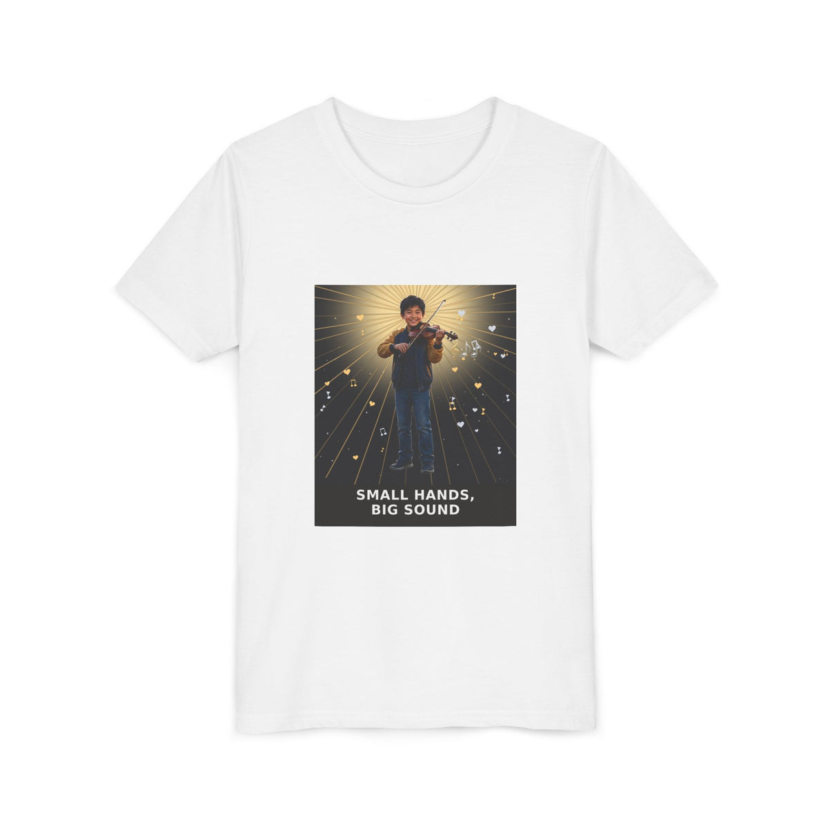 Small Hands, Big Sound — Asian Boy Violin Pre-Teen Musician Tee (Front Print)