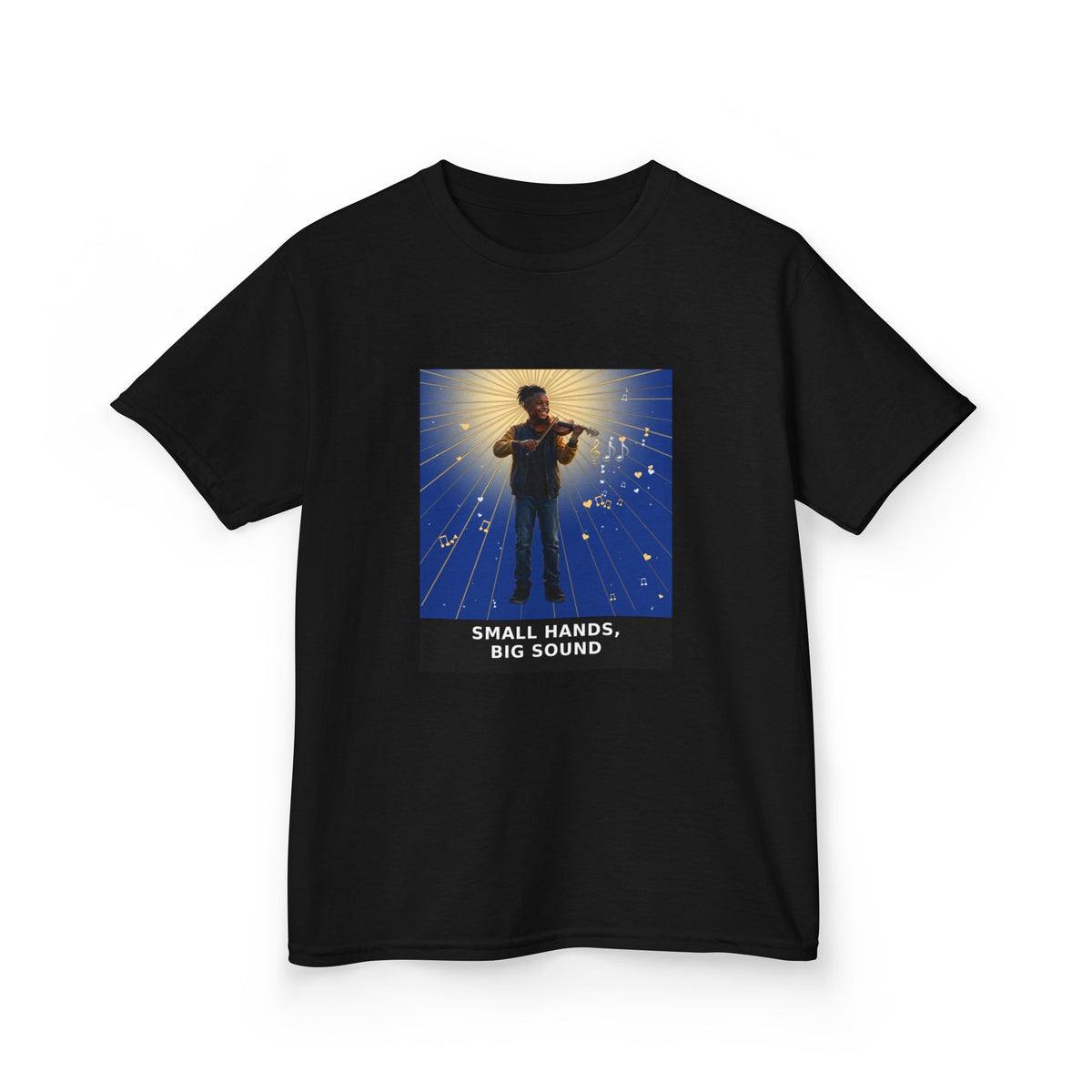 Small Hands, Big Sound — Black Boy Violin Pre-Teen Musician Tee (Deep Blue) (Budget Edition) (Front Print)
