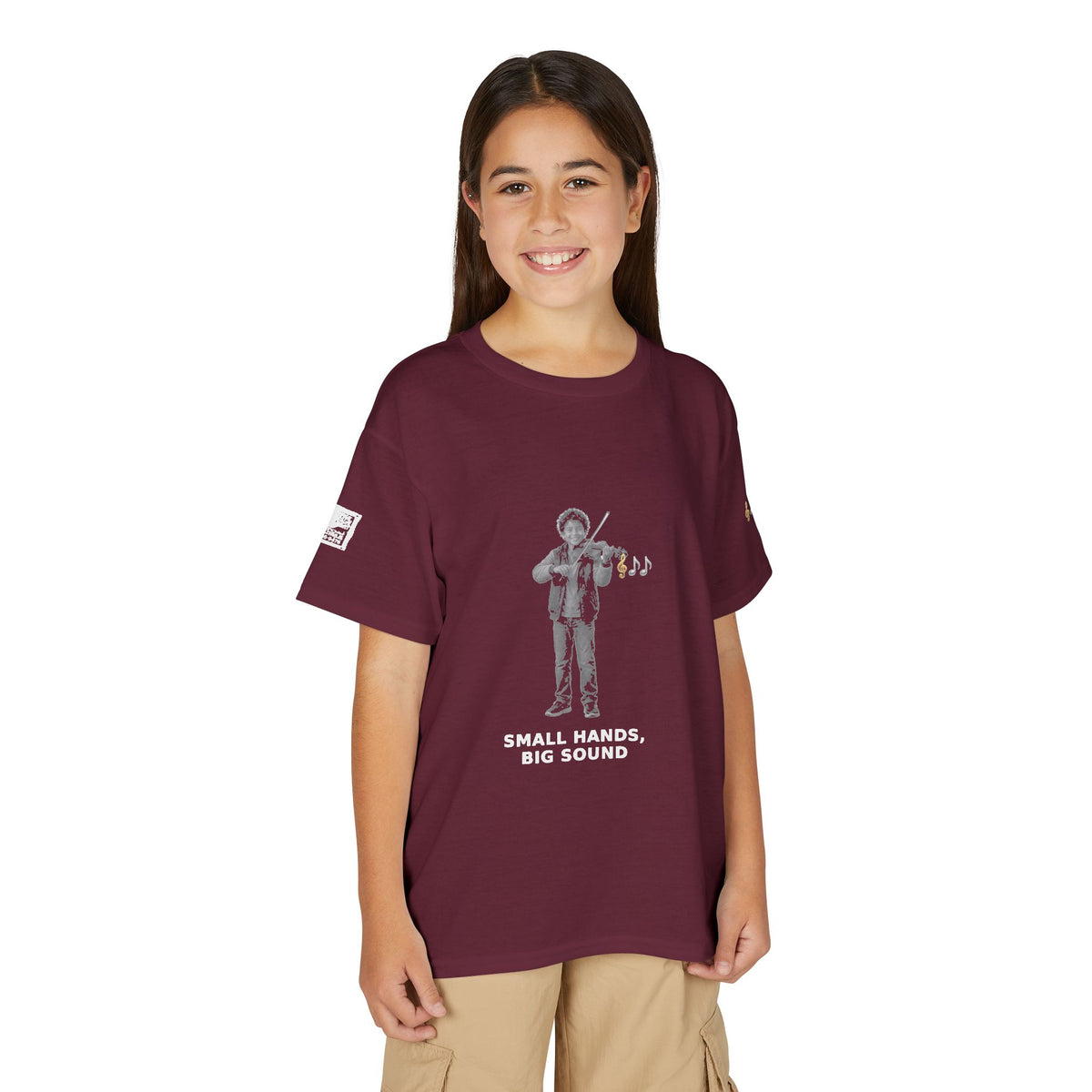 Small Hands, Big Sound — Latino Boy Violin Pre-Teen Musician Tee (White Ink)