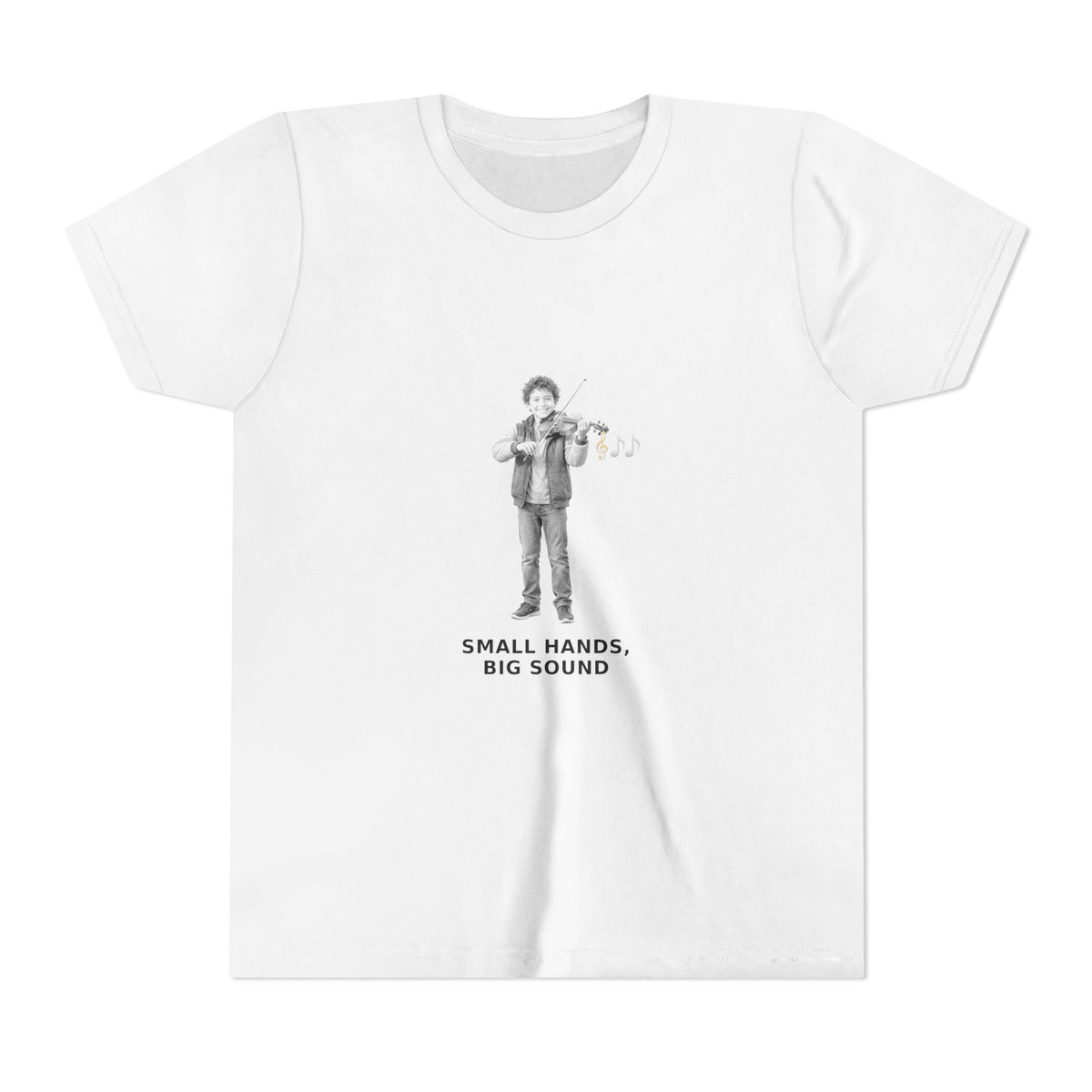 Small Hands, Big Sound — Latino Boy Violin Pre-Teen Musician Tee (Black Ink) (Front Print)
