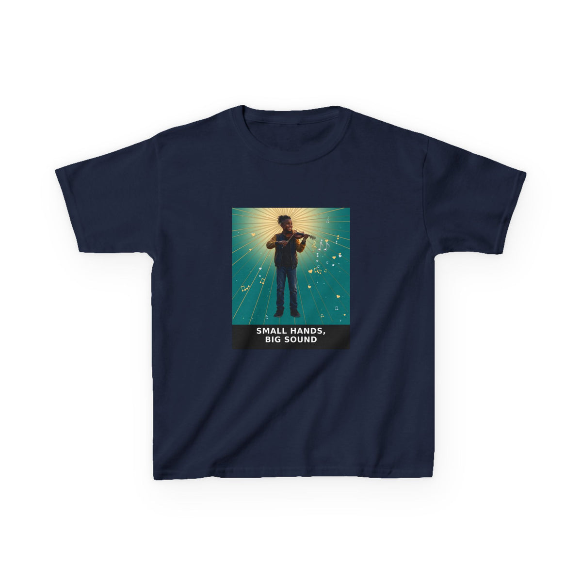 Small Hands, Big Sound — Black Boy Violin Pre-Teen Musician Tee (Teal) (Budget Edition) (Front Print)