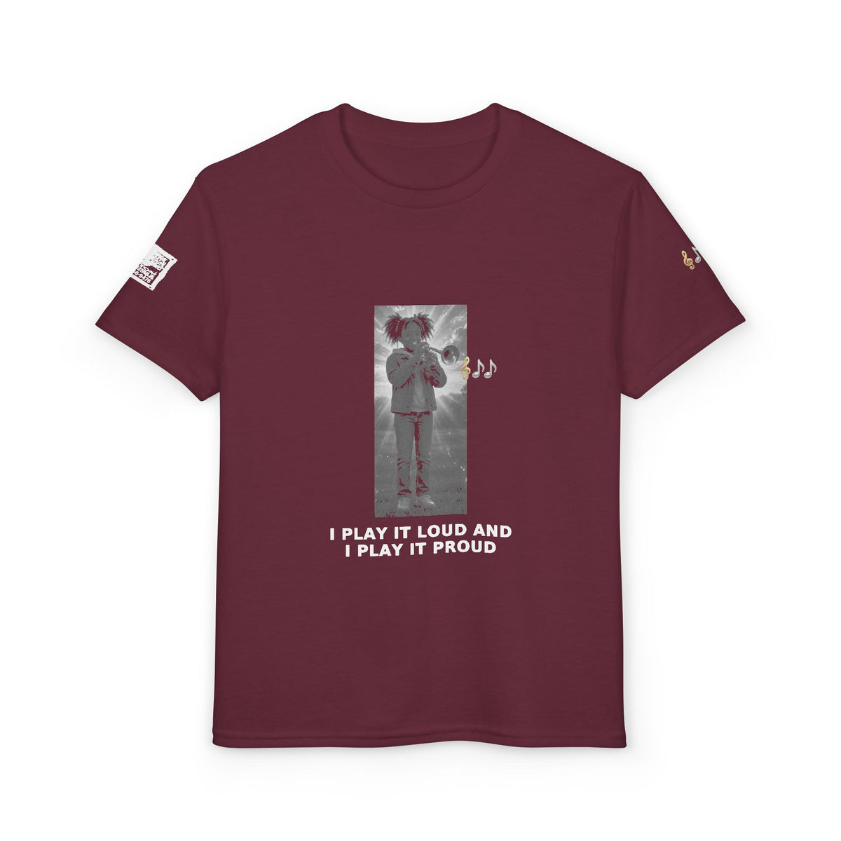 I Play It Loud and I Play It Proud — Black Girl Trumpet Pre-Teen Musician Tee (White Ink)