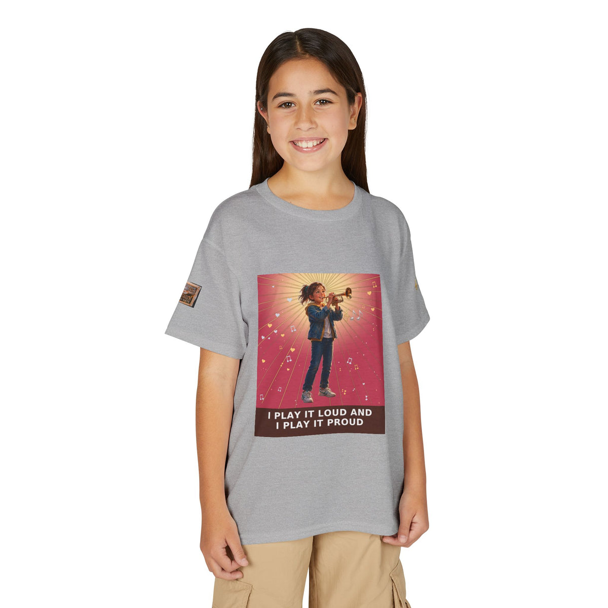 I Play It Loud and I Play It Proud — Girl Trumpet Pre-Teen Musician Tee (Rose)