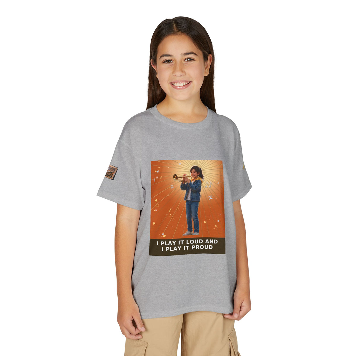 I Play It Loud and I Play It Proud — Asian Girl Trumpet Pre-Teen Musician Tee (Sunset Orange) (Budget Edition)