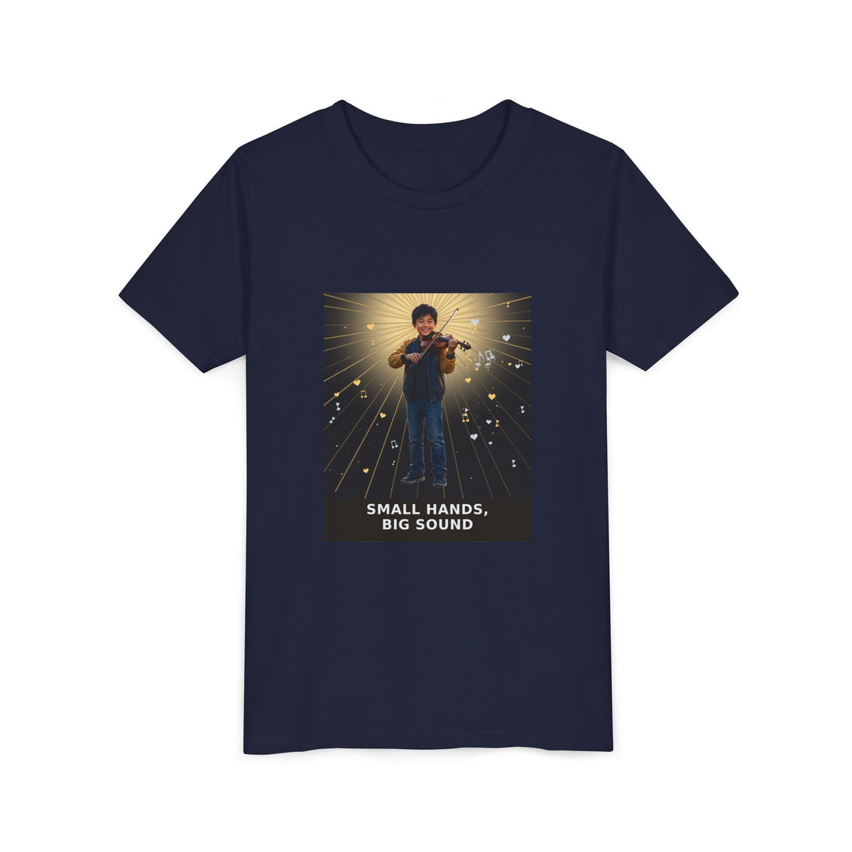 Small Hands, Big Sound — Asian Boy Violin Pre-Teen Musician Tee (Front Print)