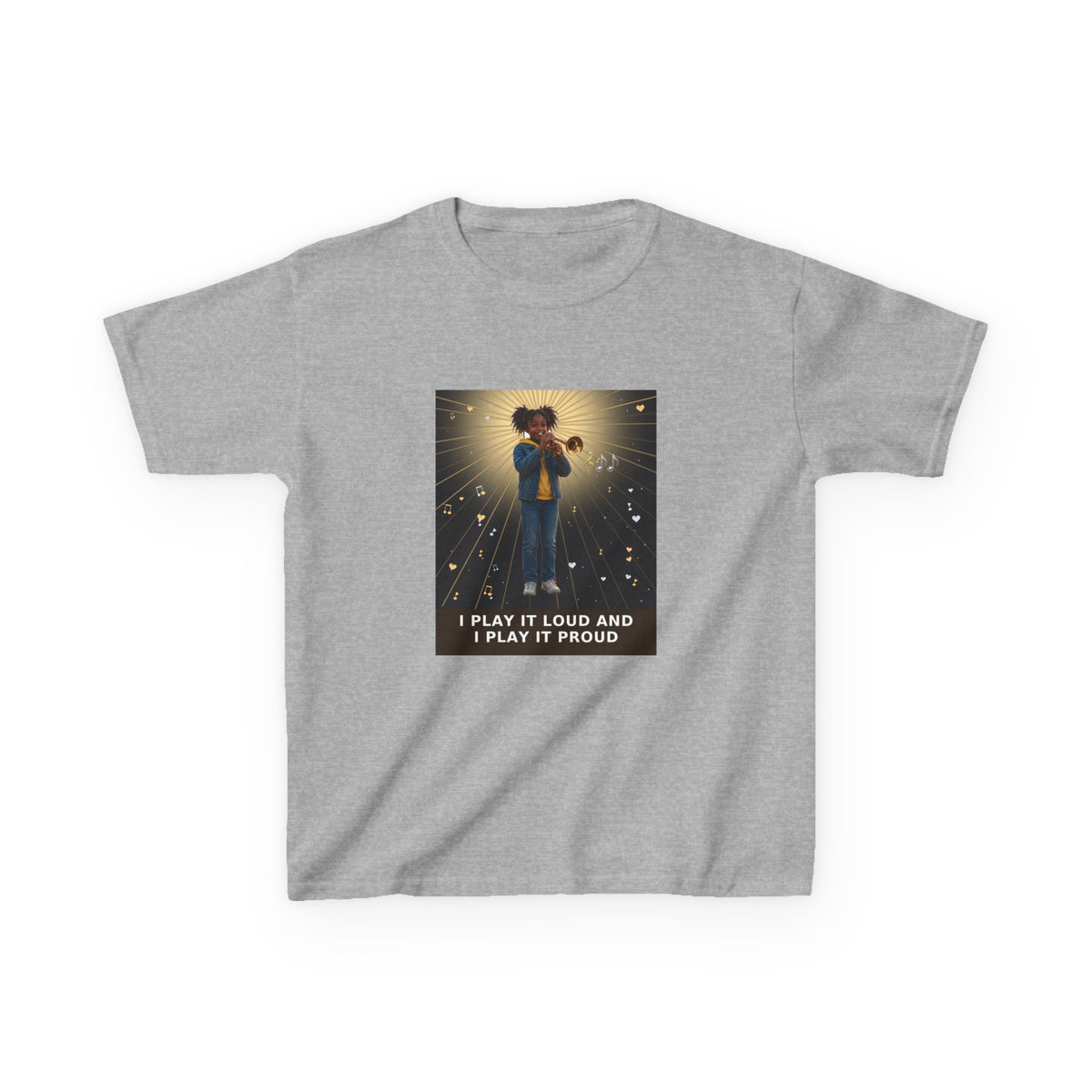 I Play It Loud and I Play It Proud — Black Girl Trumpet Pre-Teen Musician Tee (Budget Edition) (Front Print)