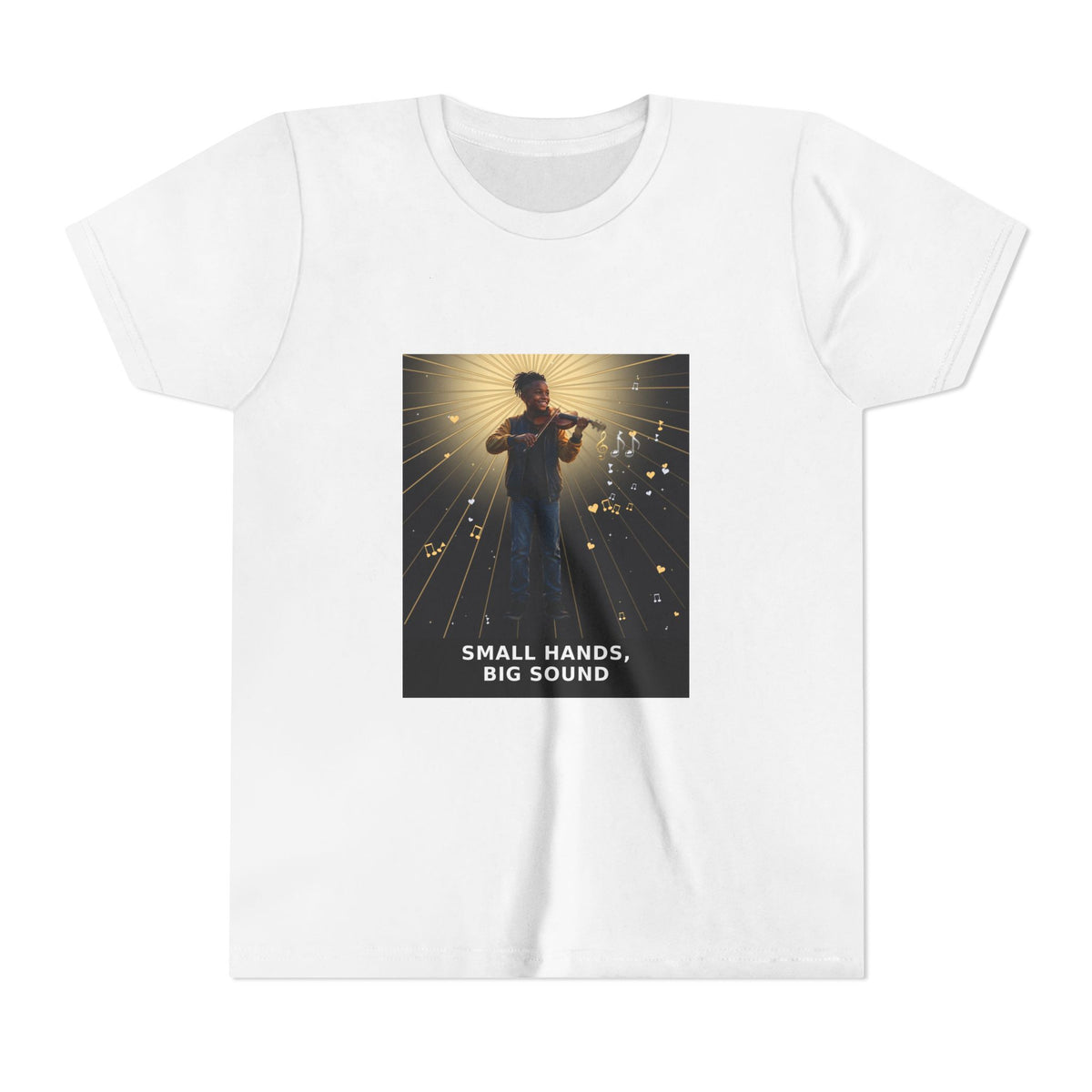 Small Hands, Big Sound — Black Boy Violin Pre-Teen Musician Tee (Front Print)