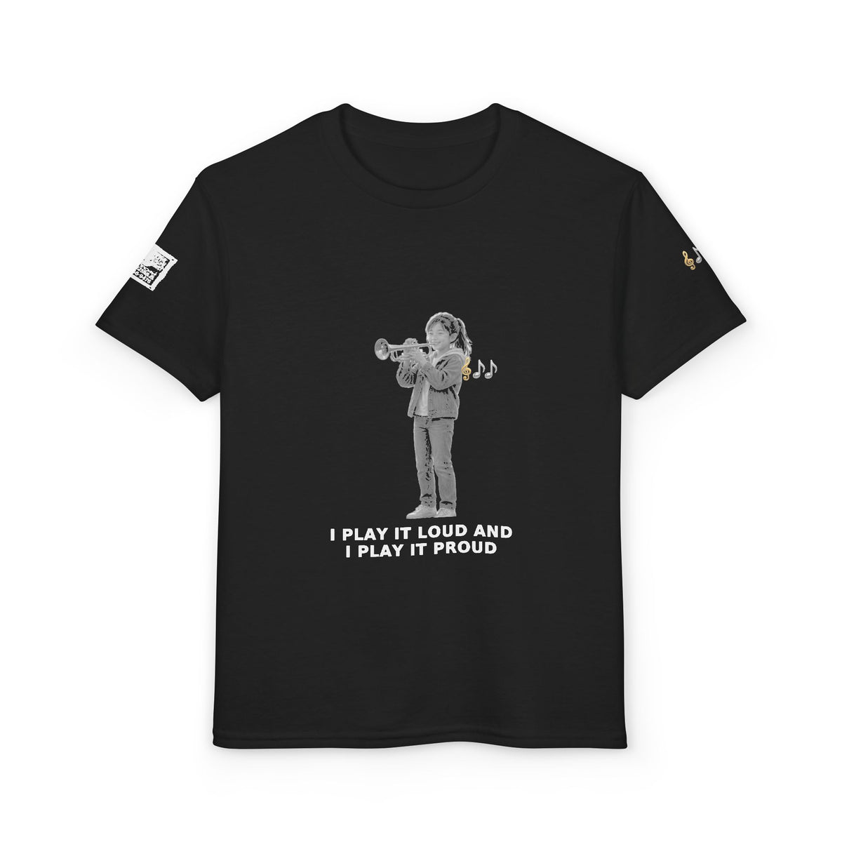 I Play It Loud and I Play It Proud — Asian Girl Trumpet Pre-Teen Musician Tee (White Ink) (Budget Edition)