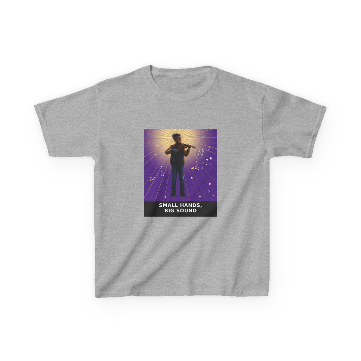 Small Hands, Big Sound — Black Boy Violin Pre-Teen Musician Tee (Royal Purple) (Budget Edition) (Front Print)
