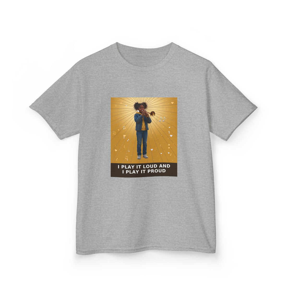 I Play It Loud and I Play It Proud — Black Girl Trumpet Pre-Teen Musician Tee (Golden Amber) (Budget Edition) (Front Print)