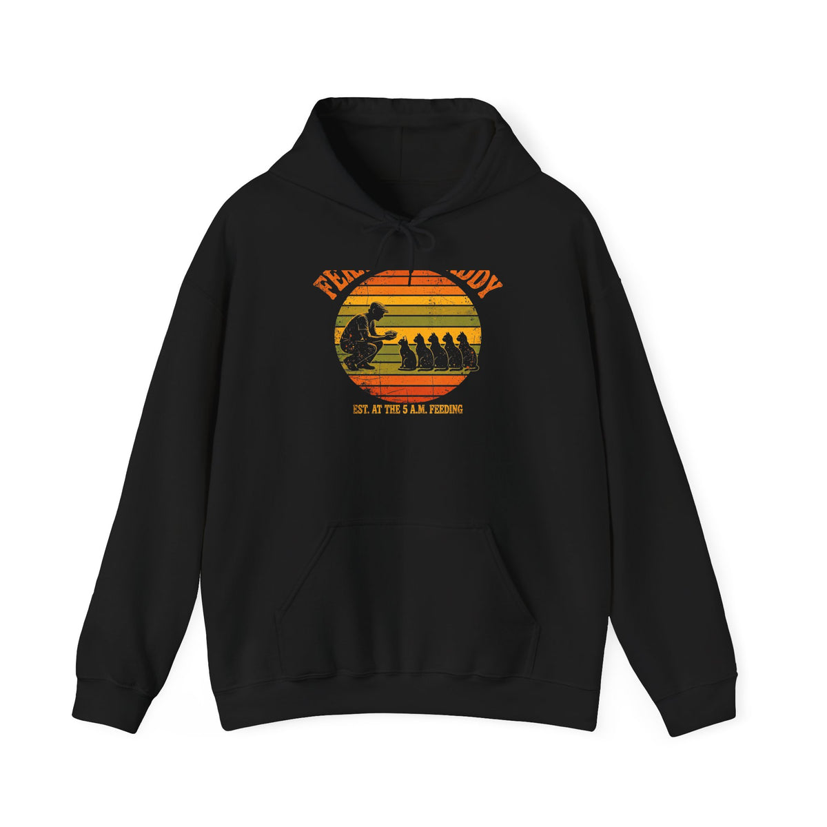 Feral Cat Daddy Hoodie - Retro Sunset Cat Dad Pullover, Est. at the 5 A.M. Feeding - Budget Edition