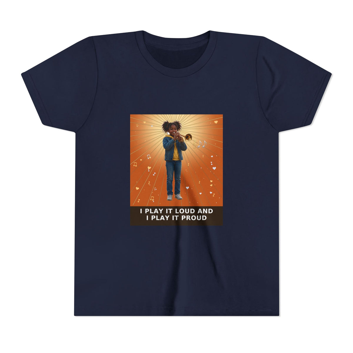I Play It Loud and I Play It Proud — Black Girl Trumpet Pre-Teen Musician Tee (Sunset Orange) (Front Print)