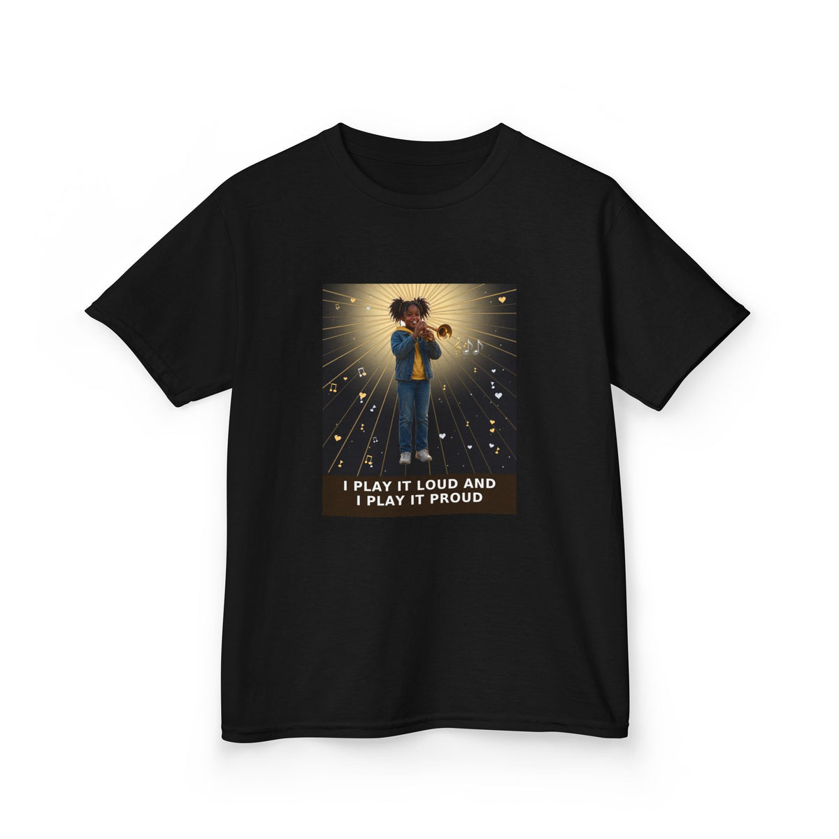 I Play It Loud and I Play It Proud — Black Girl Trumpet Pre-Teen Musician Tee (Budget Edition) (Front Print)