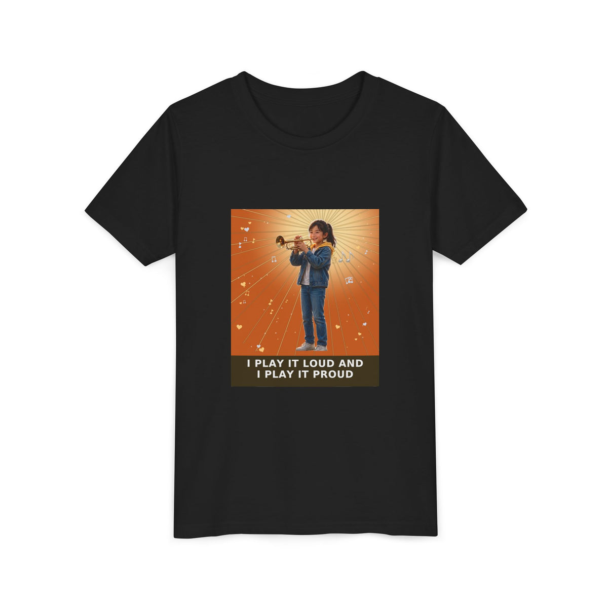 I Play It Loud and I Play It Proud — Asian Girl Trumpet Pre-Teen Musician Tee (Sunset Orange) (Front Print)