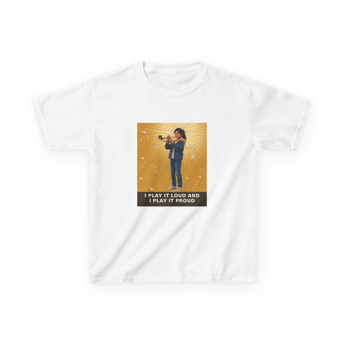 I Play It Loud and I Play It Proud — Asian Girl Trumpet Pre-Teen Musician Tee (Golden Amber) (Budget Edition) (Front Print)