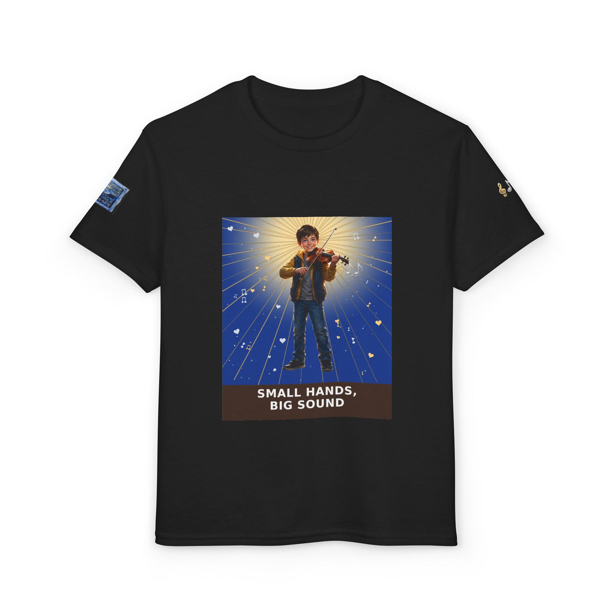 Small Hands, Big Sound — Boy Violin Pre-Teen Musician Tee (Deep Blue)