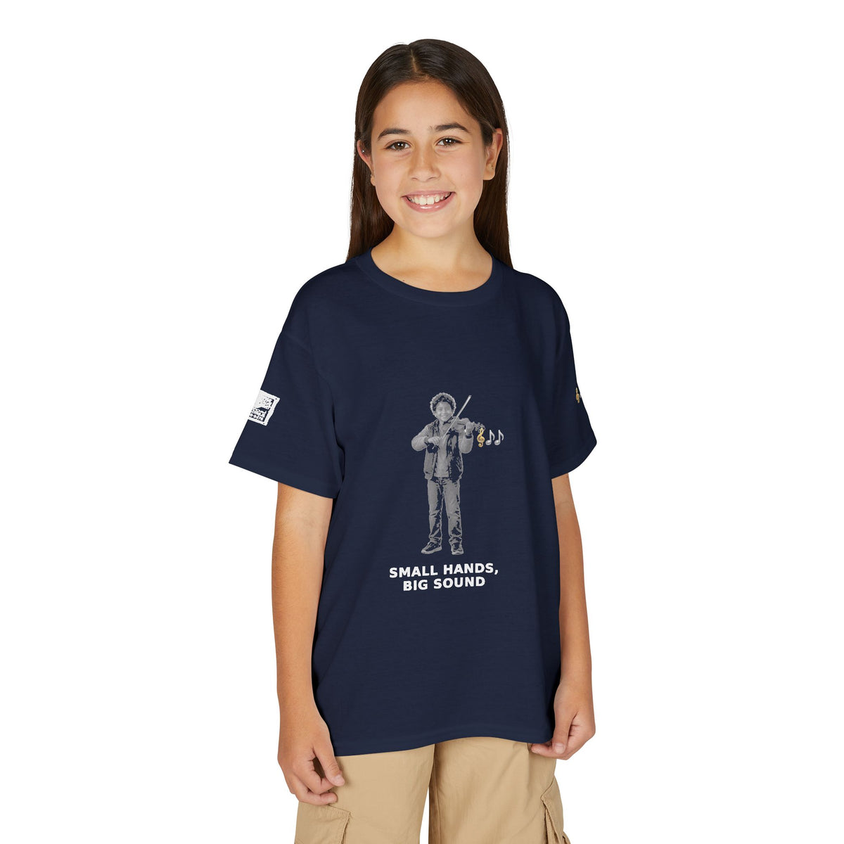 Small Hands, Big Sound — Latino Boy Violin Pre-Teen Musician Tee (White Ink) (Budget Edition)
