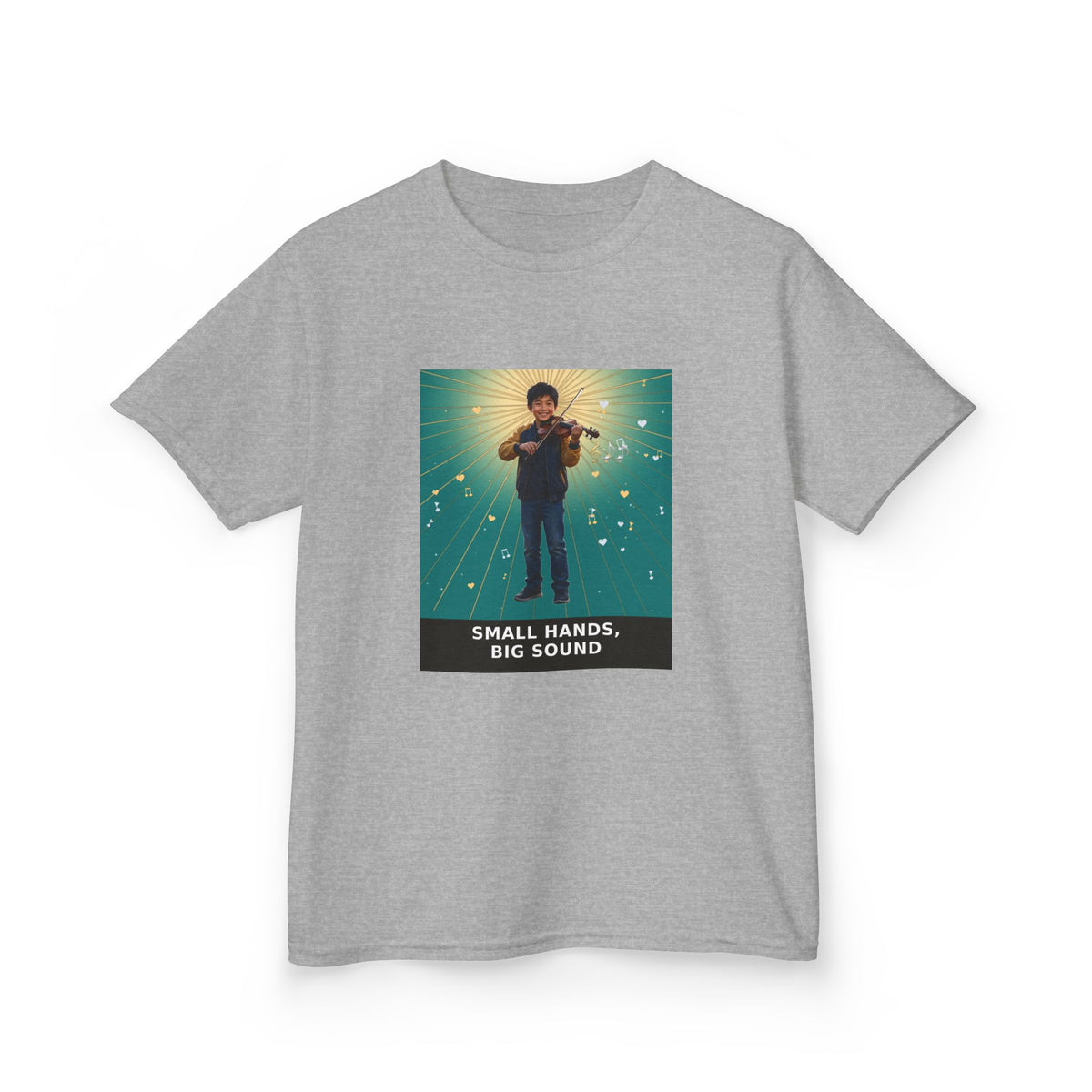 Small Hands, Big Sound — Asian Boy Violin Pre-Teen Musician Tee (Teal) (Budget Edition) (Front Print)