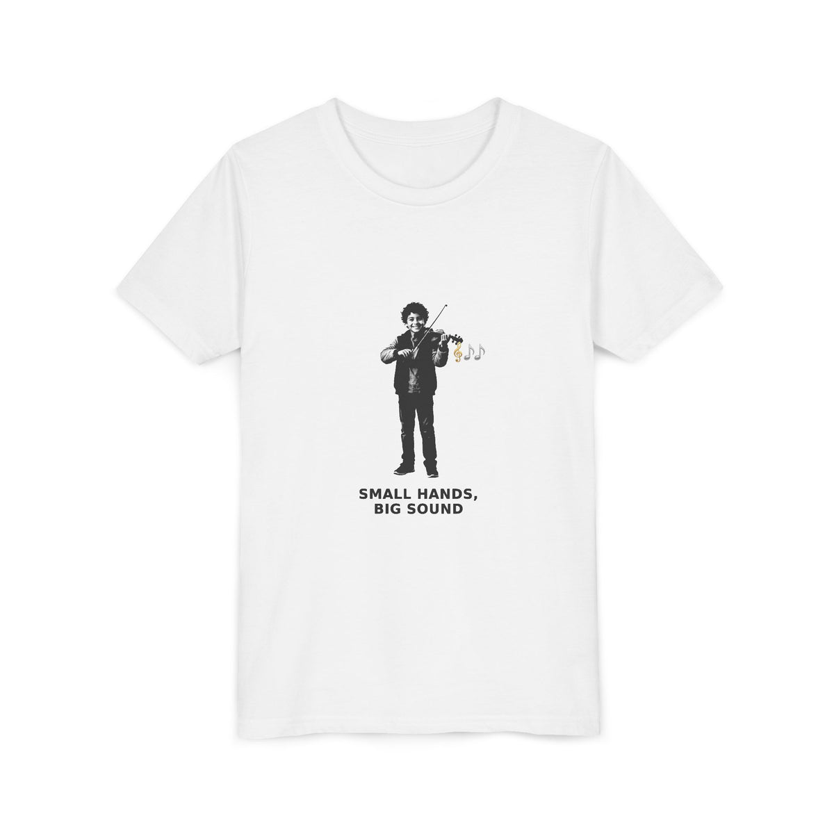 Small Hands, Big Sound — Latino Boy Violin Pre-Teen Musician Tee (Black Ink) (Front Print)