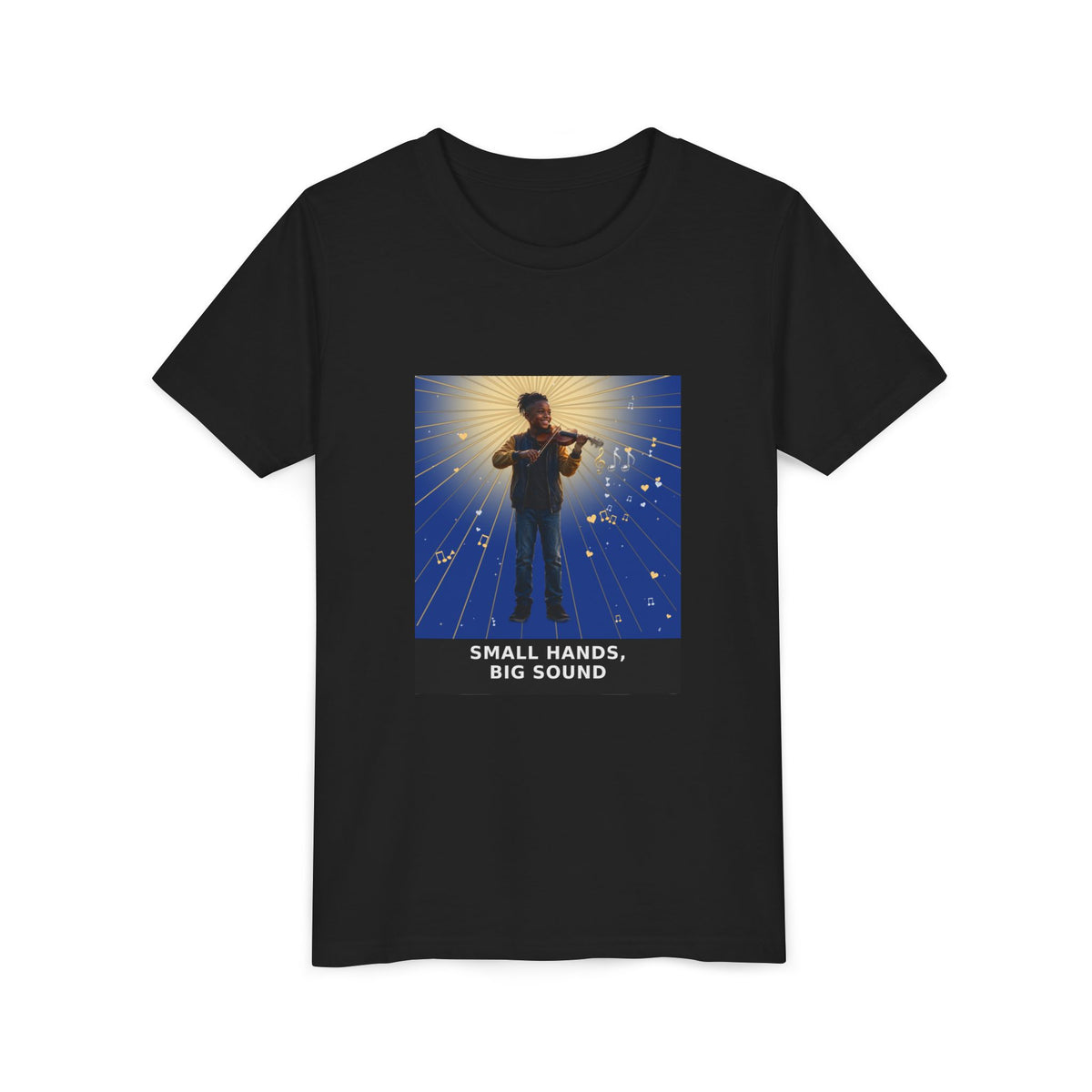 Small Hands, Big Sound — Black Boy Violin Pre-Teen Musician Tee (Deep Blue) (Front Print)
