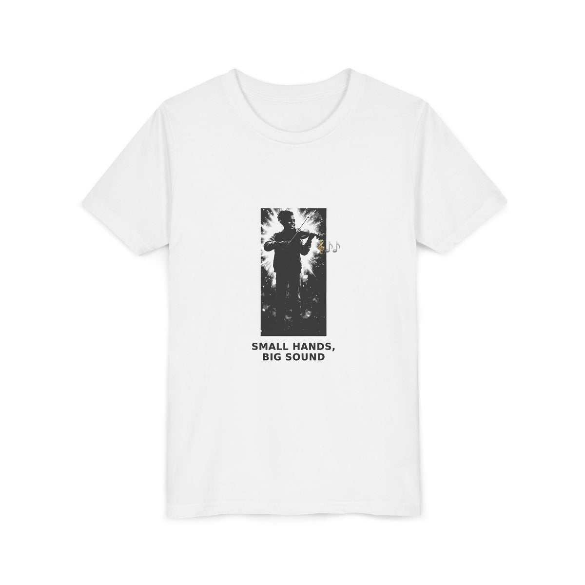 Small Hands, Big Sound — Black Boy Violin Pre-Teen Musician Tee (Black Ink) (Front Print)
