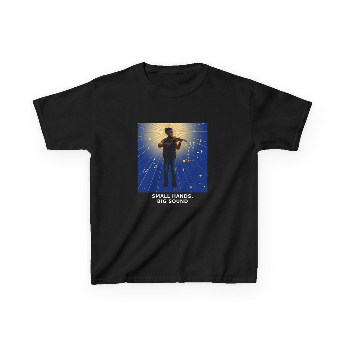 Small Hands, Big Sound — Black Boy Violin Pre-Teen Musician Tee (Deep Blue) (Budget Edition) (Front Print)