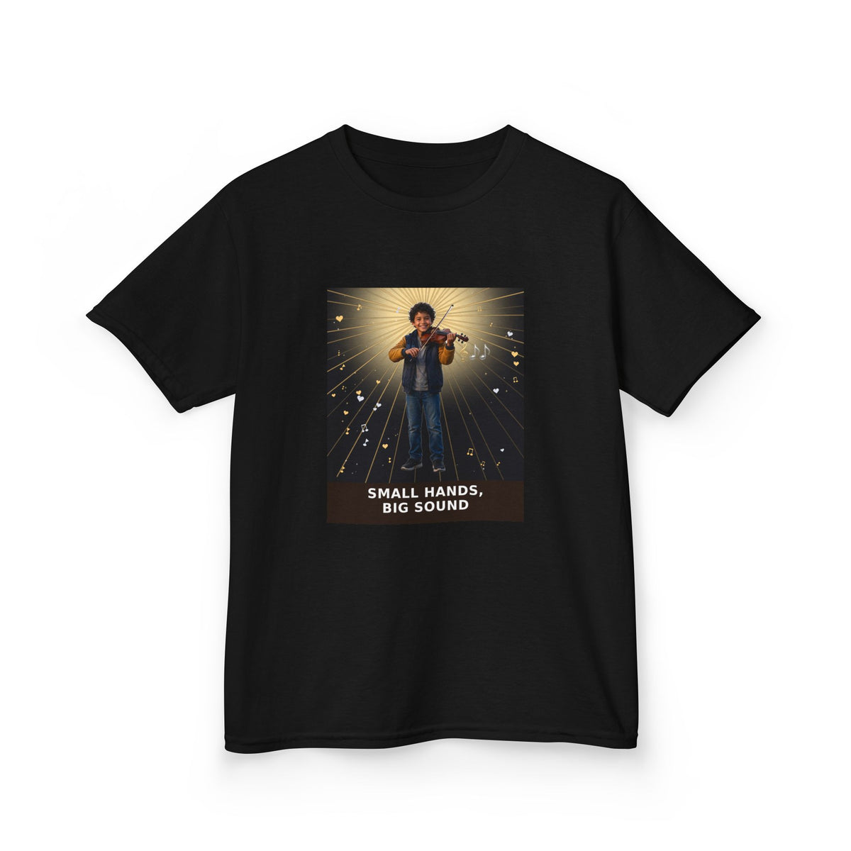 Small Hands, Big Sound — Latino Boy Violin Pre-Teen Musician Tee (Budget Edition) (Front Print)