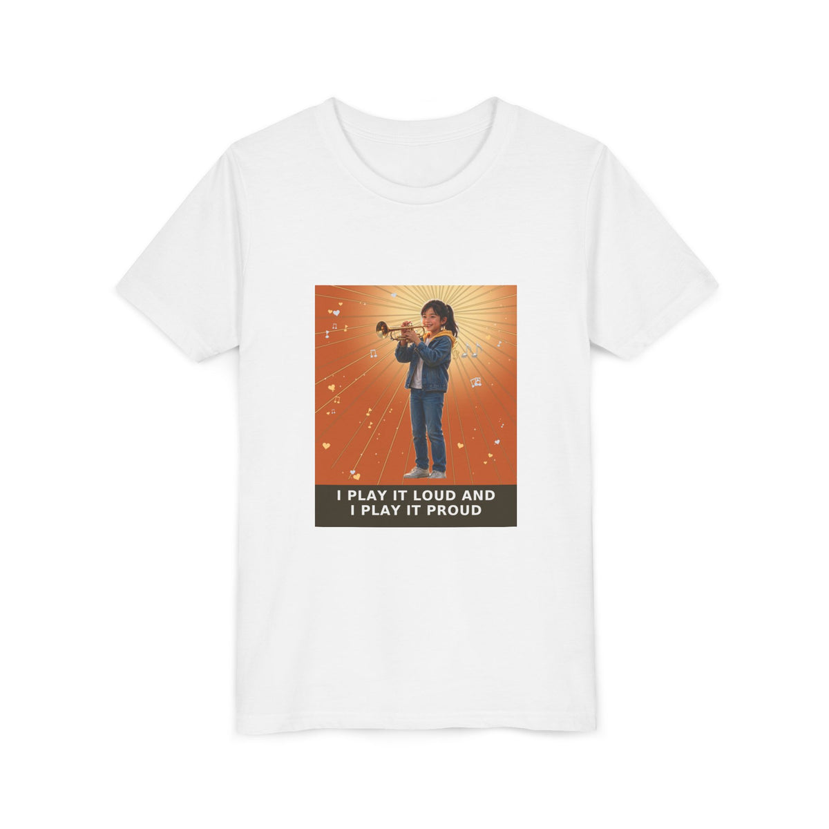 I Play It Loud and I Play It Proud — Asian Girl Trumpet Pre-Teen Musician Tee (Sunset Orange) (Front Print)