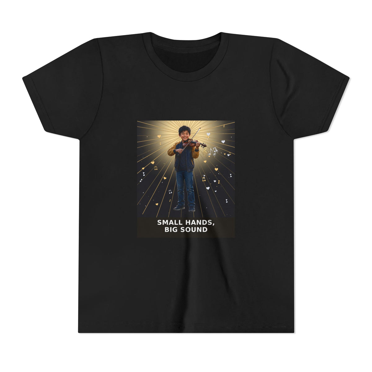 Small Hands, Big Sound — Asian Boy Violin Pre-Teen Musician Tee (Front Print)