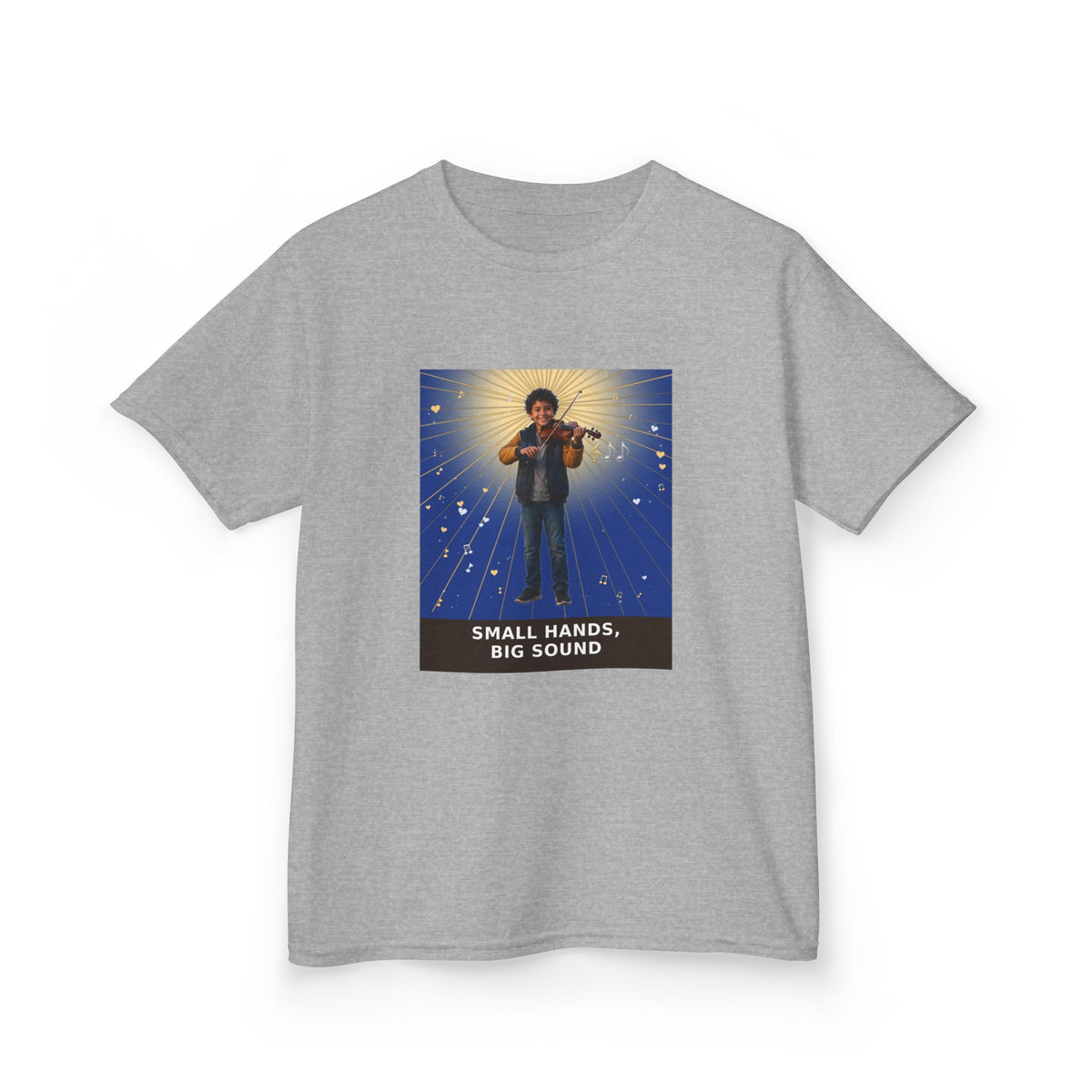 Small Hands, Big Sound — Latino Boy Violin Pre-Teen Musician Tee (Deep Blue) (Budget Edition) (Front Print)