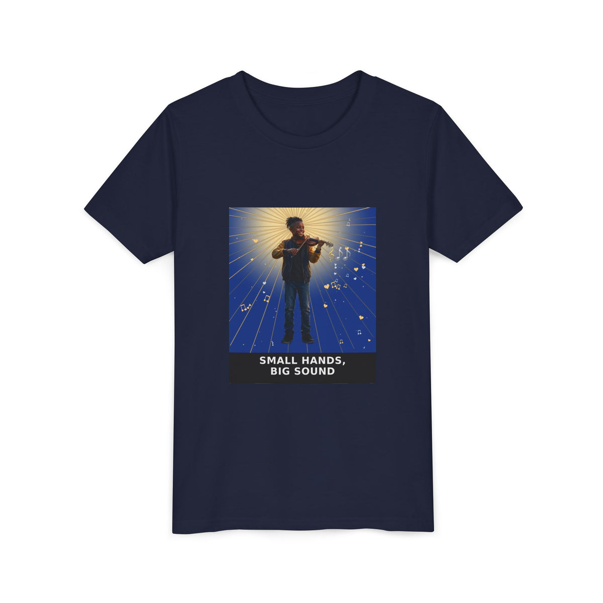 Small Hands, Big Sound — Black Boy Violin Pre-Teen Musician Tee (Deep Blue) (Front Print)