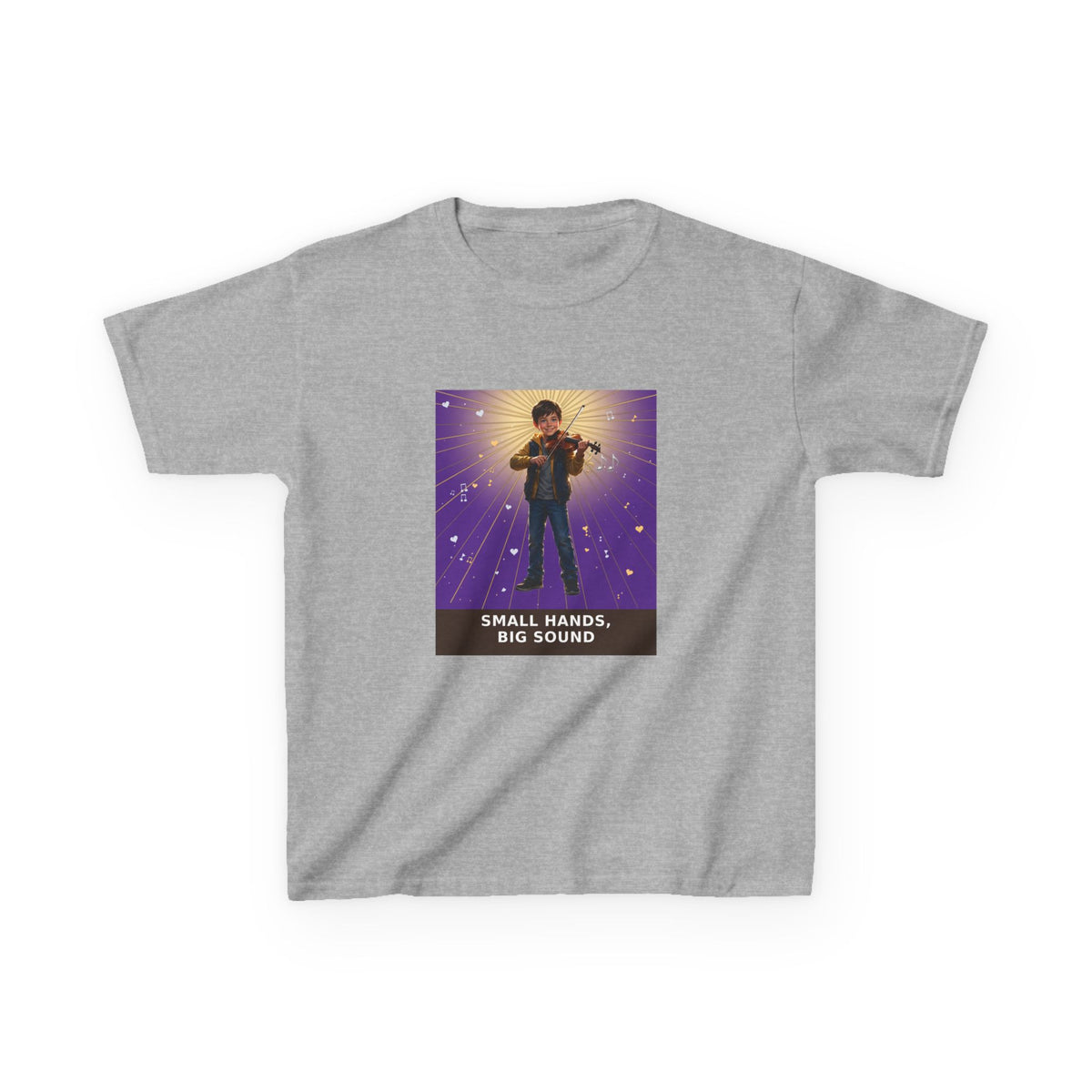 Small Hands, Big Sound — Boy Violin Pre-Teen Musician Tee (Royal Purple) (Budget Edition) (Front Print)
