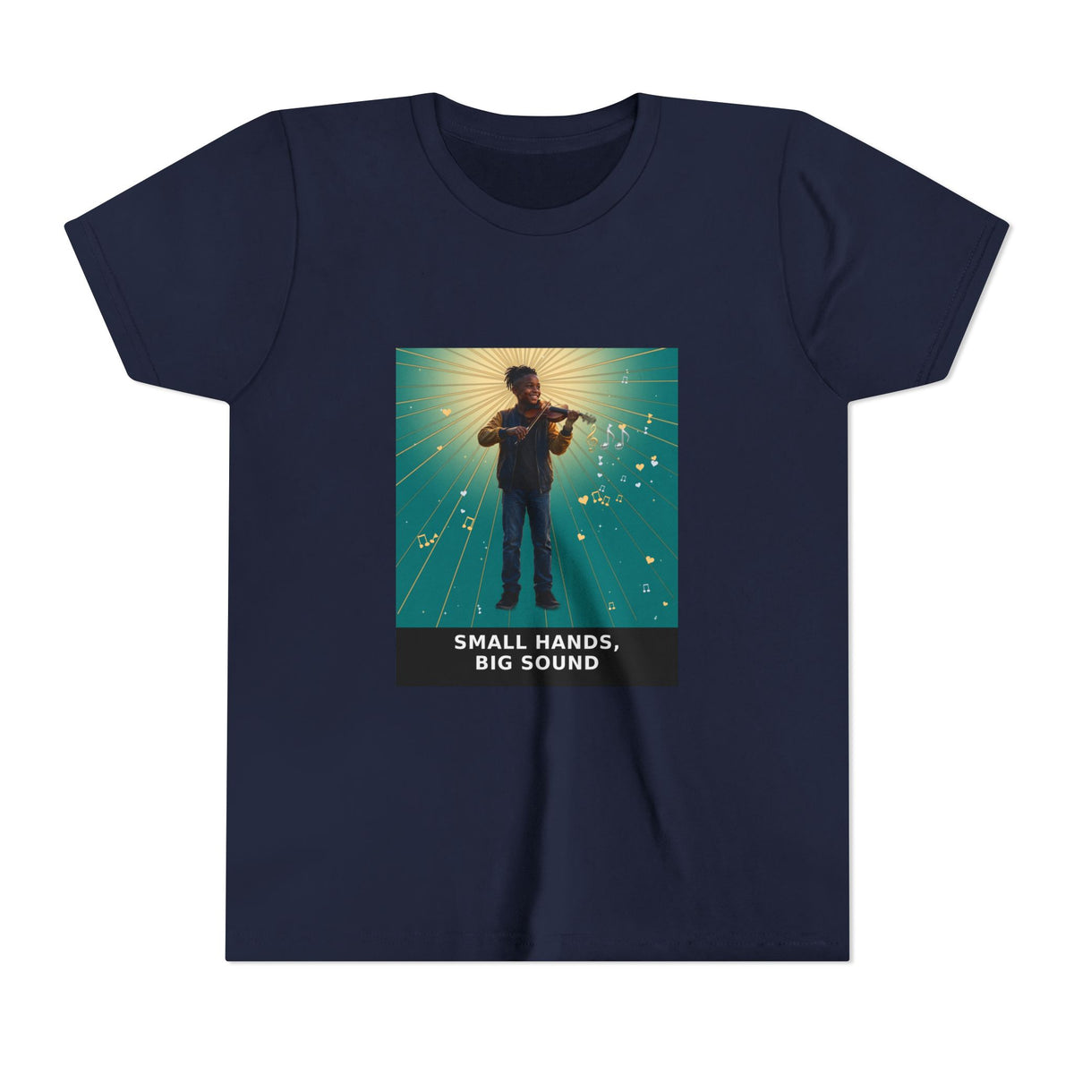 Small Hands, Big Sound — Black Boy Violin Pre-Teen Musician Tee (Teal) (Front Print)