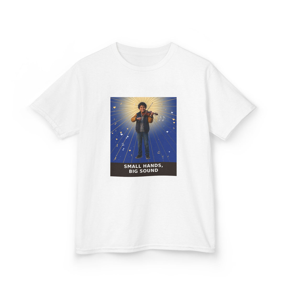 Small Hands, Big Sound — Latino Boy Violin Pre-Teen Musician Tee (Deep Blue) (Budget Edition) (Front Print)