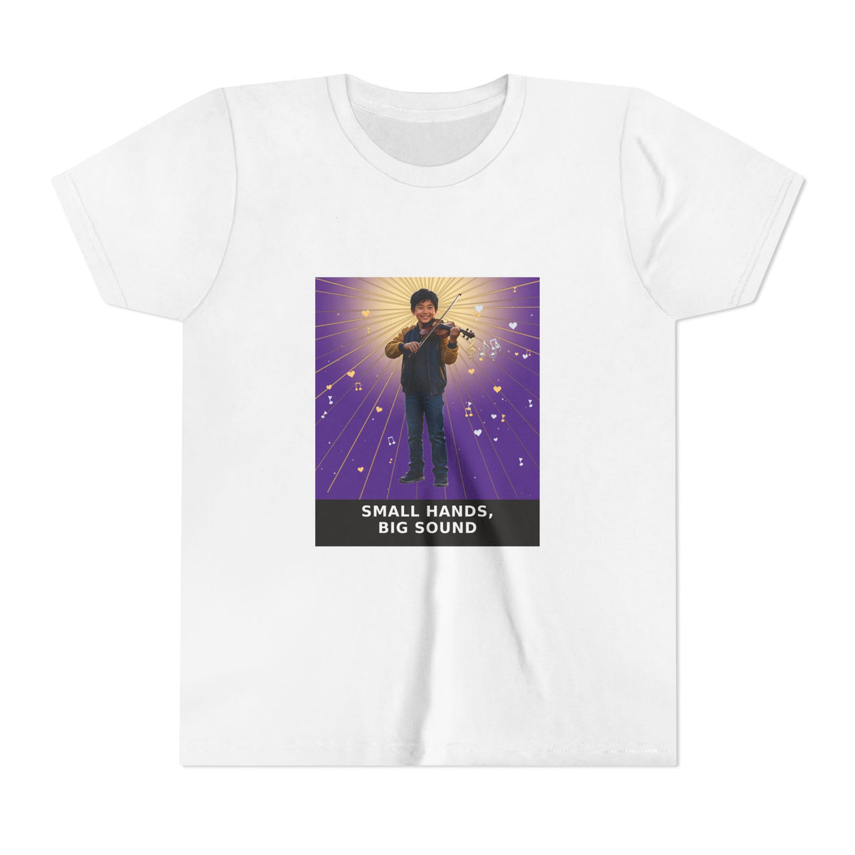 Small Hands, Big Sound — Asian Boy Violin Pre-Teen Musician Tee (Royal Purple) (Front Print)