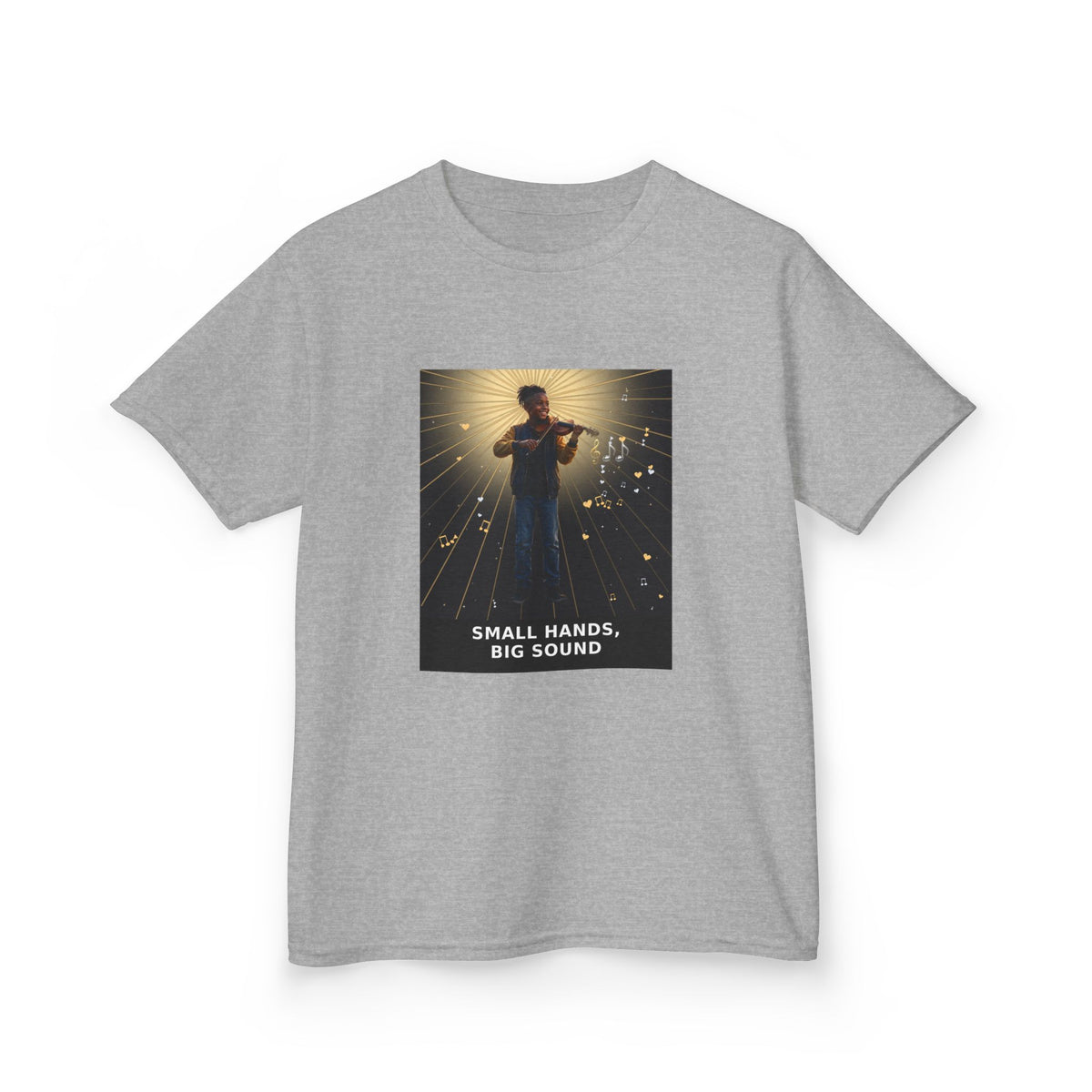 Small Hands, Big Sound — Black Boy Violin Pre-Teen Musician Tee (Budget Edition) (Front Print)